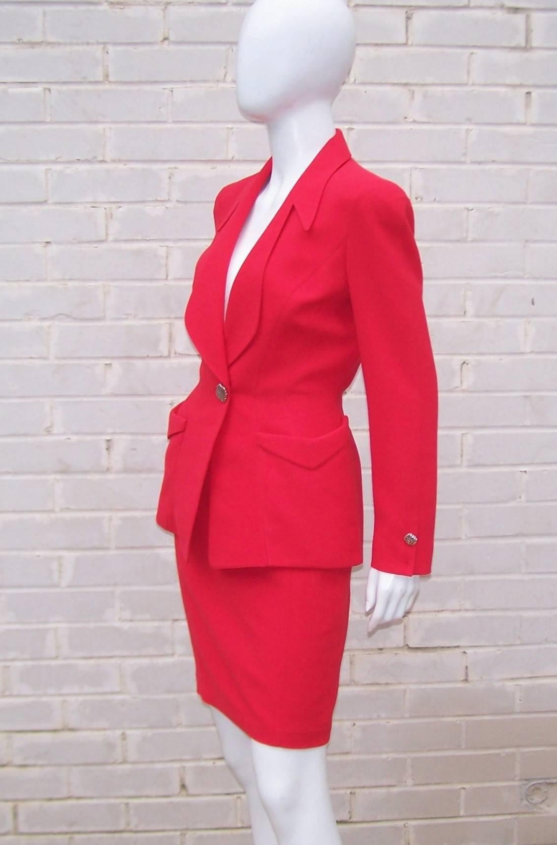 1980's Thierry Mugler Lipstick Red Suit With Silver Buttons In Good Condition In Atlanta, GA