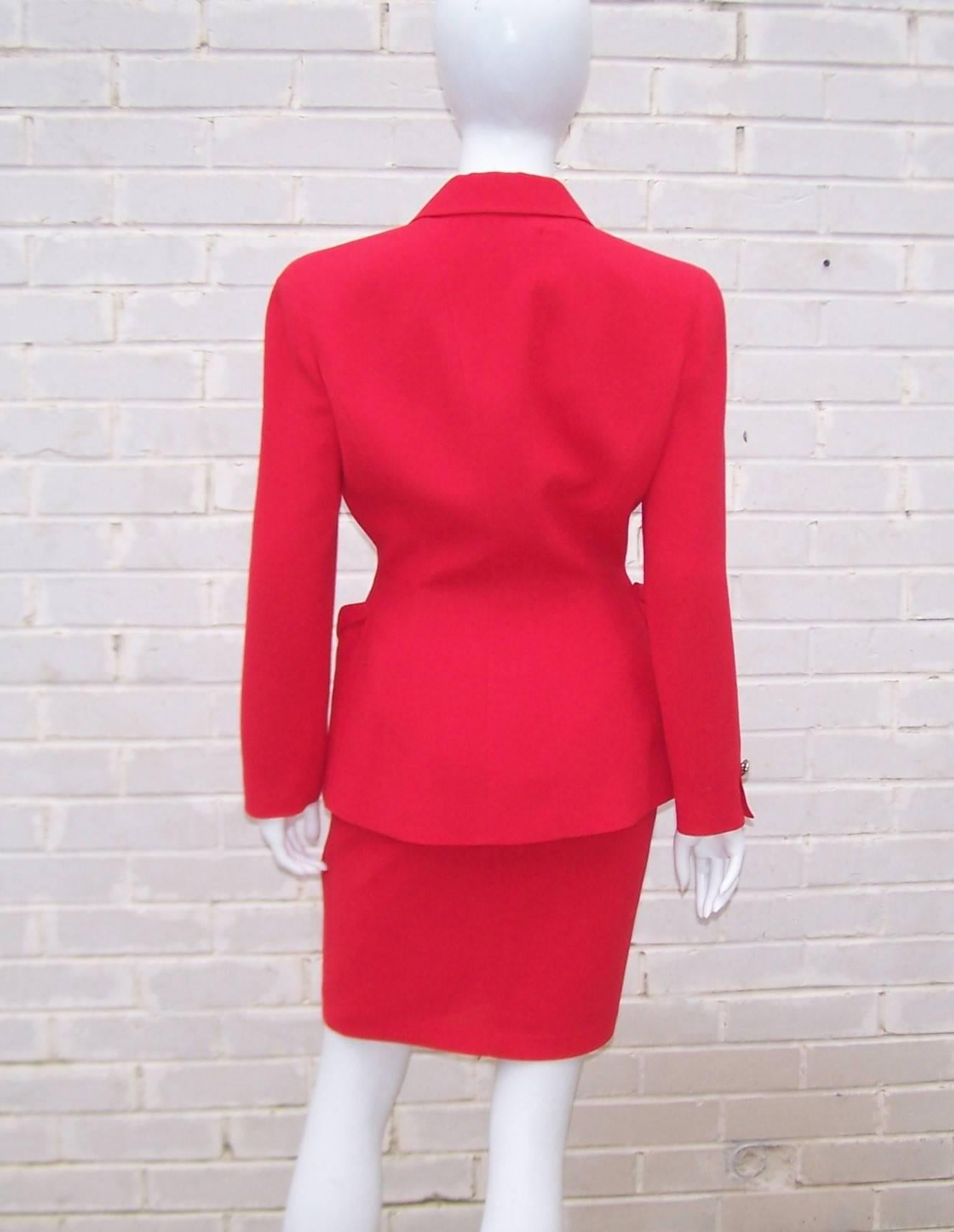 Women's 1980's Thierry Mugler Lipstick Red Suit With Silver Buttons
