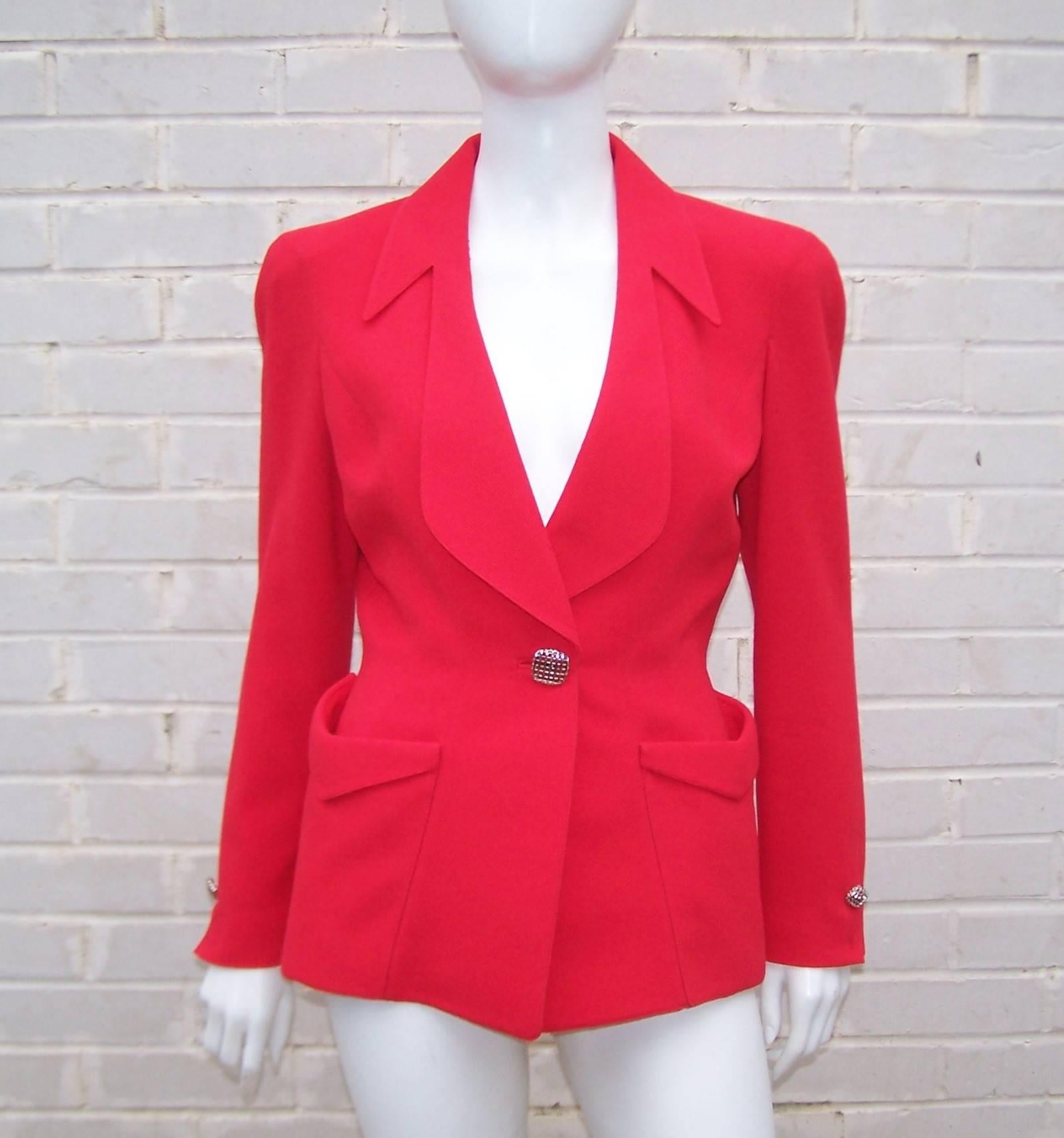 1980's Thierry Mugler Lipstick Red Suit With Silver Buttons 1