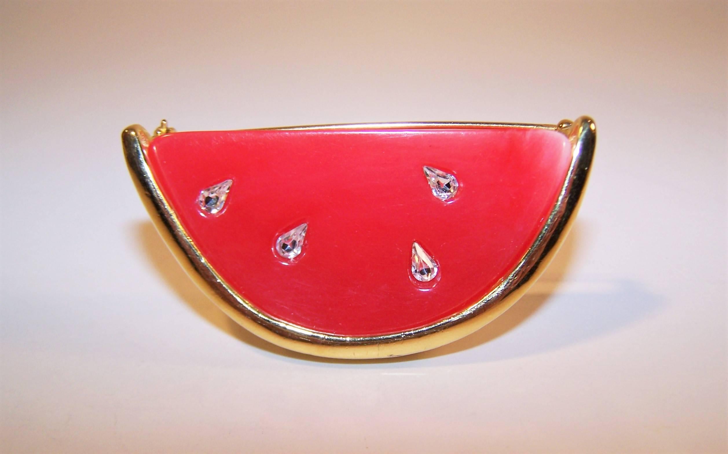 Women's Summery Vintage Givenchy Watermelon Brooch With Rhinestone Seeds