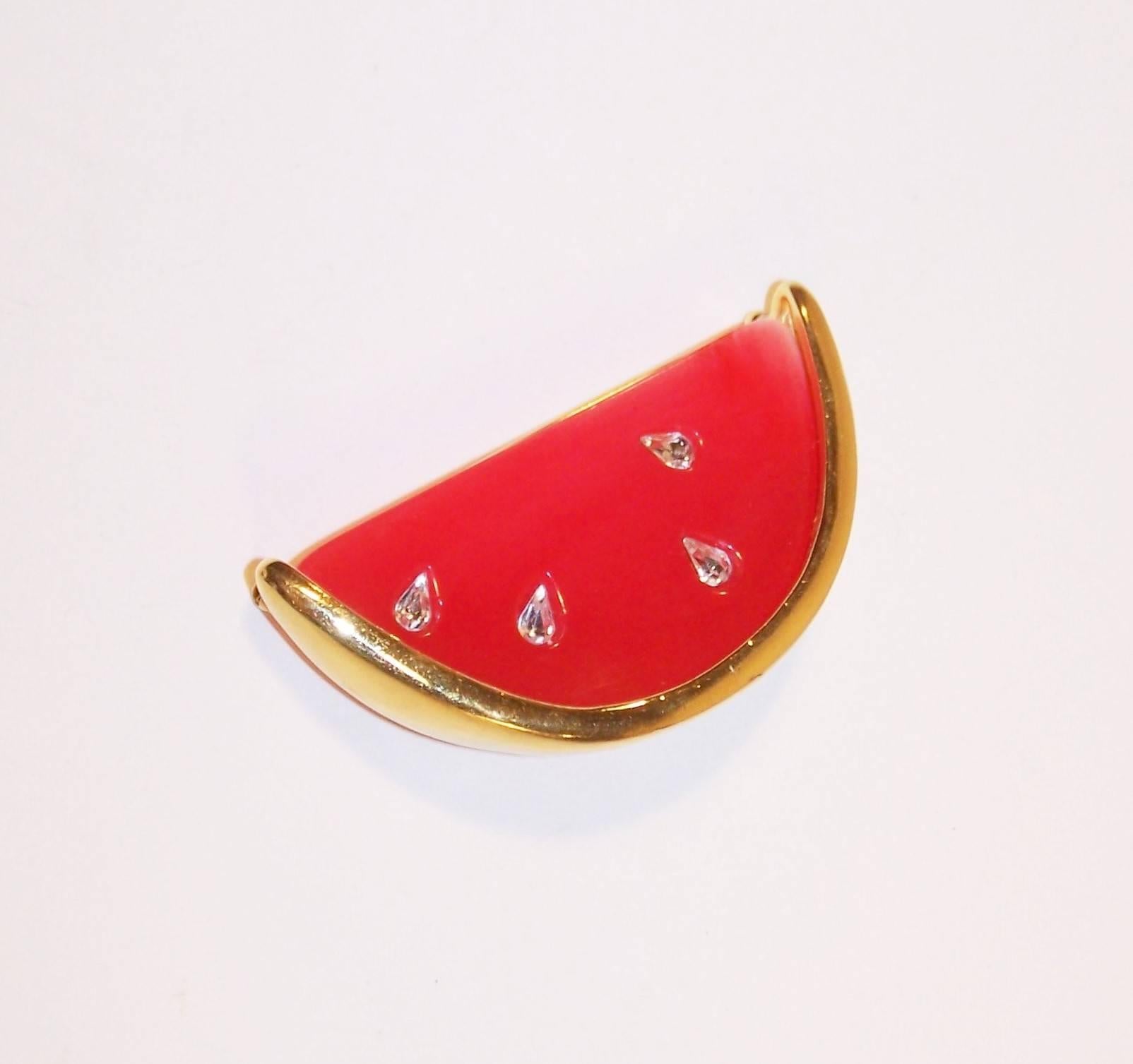 Summery Vintage Givenchy Watermelon Brooch With Rhinestone Seeds 1