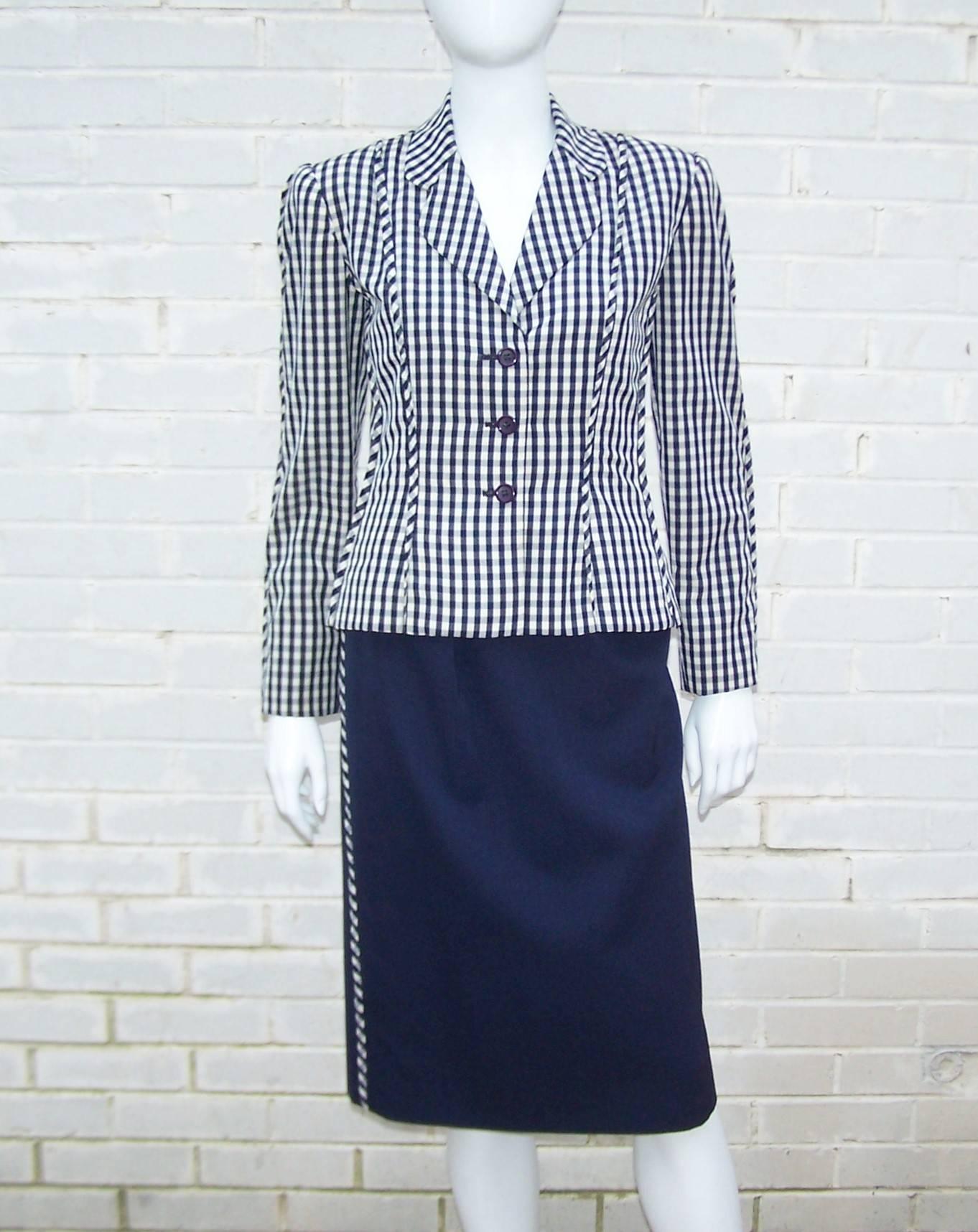 Bill Blass made a name for himself designing clothes for east coast society but this two piece suit has a 'working girl' aesthetic that could be appreciated by the design conscious career women of the 1970's.  The nod to a 1940's silhouette includes