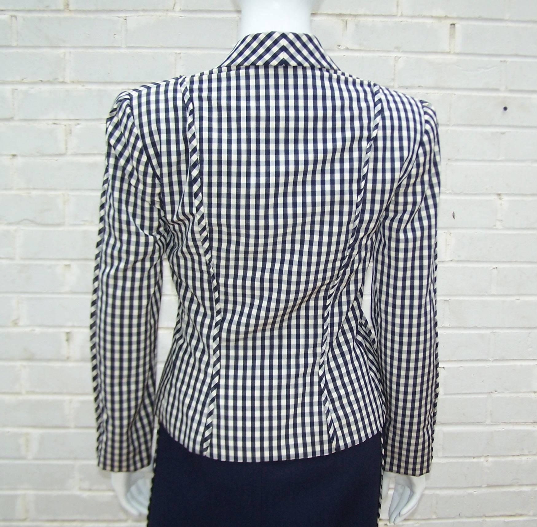 Crisp 1970's Bill Blass Blue & White Gingham Skirt Suit 1