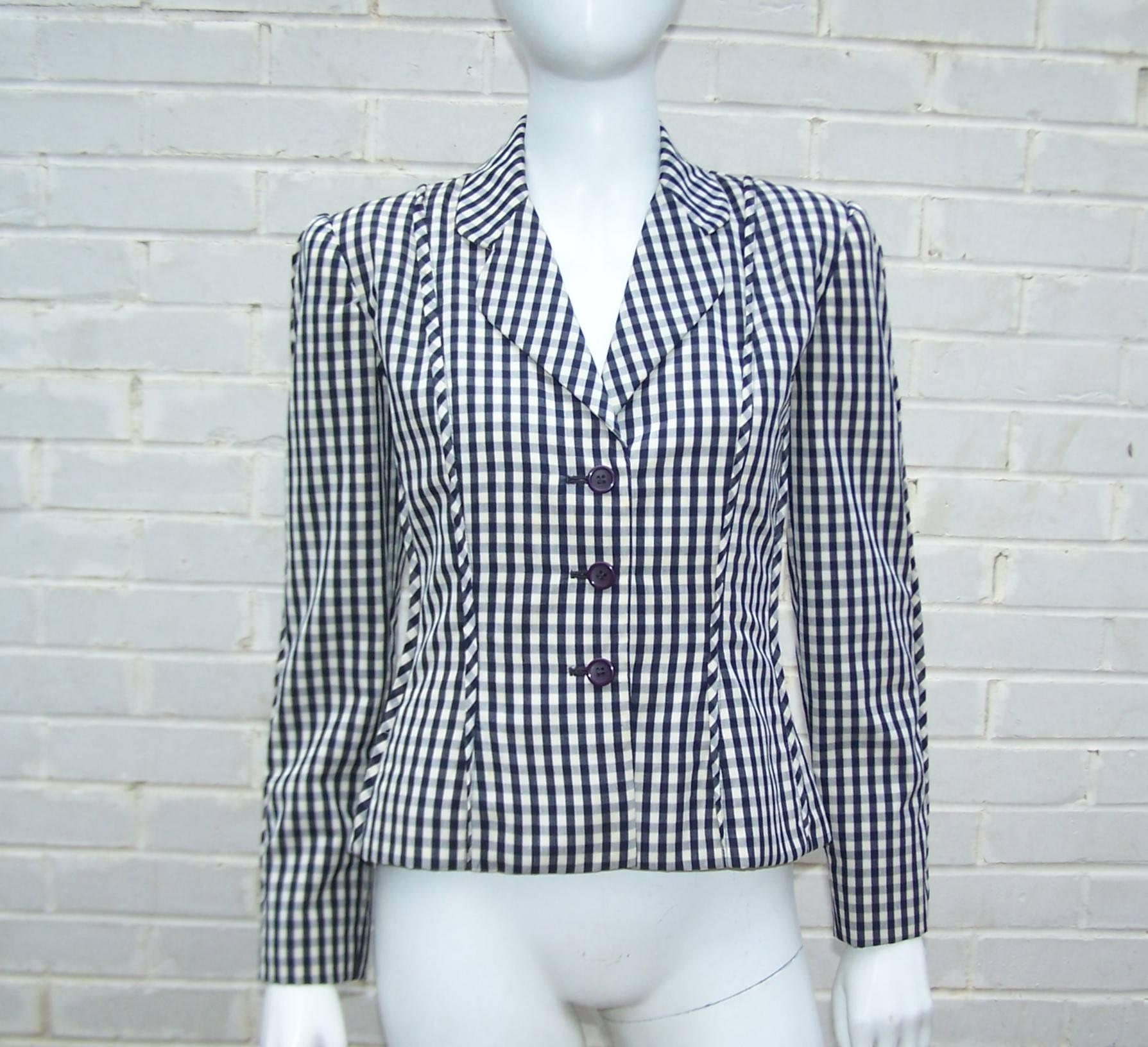 Crisp 1970's Bill Blass Blue & White Gingham Skirt Suit 2