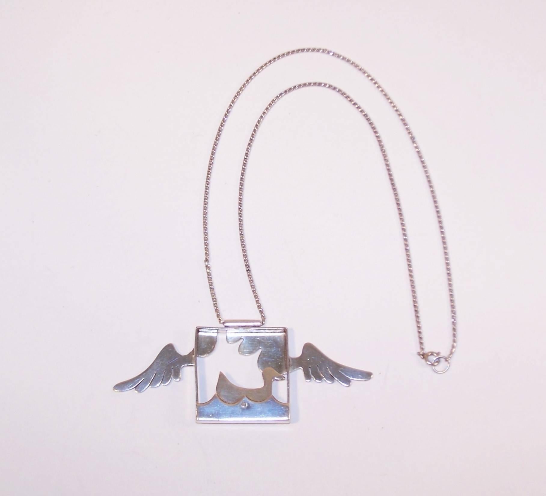 Artisan Whimsical 1970's Sterling Silver Surreal Articulated Duck Necklace