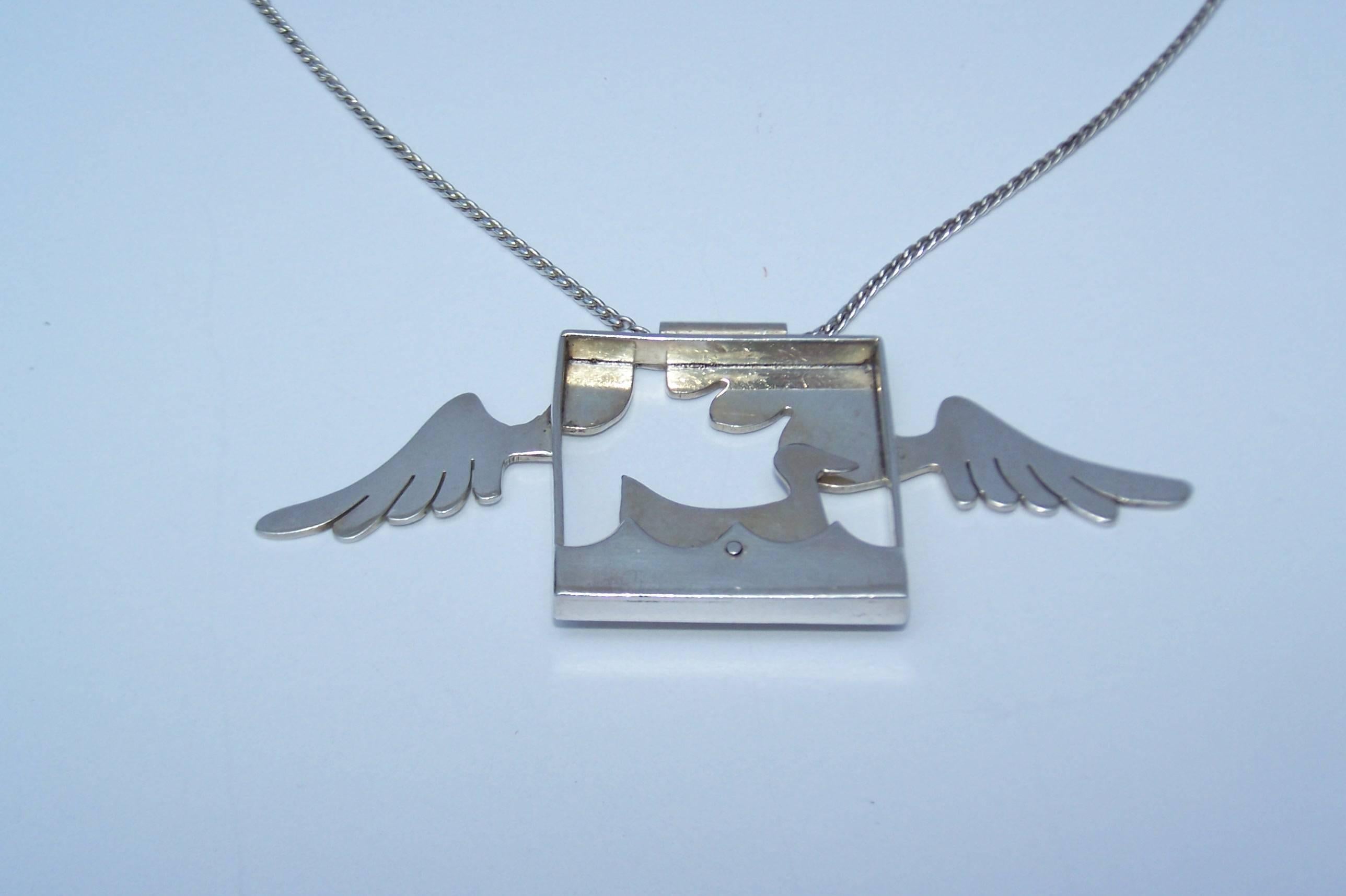 Whimsical 1970's Sterling Silver Surreal Articulated Duck Necklace 2
