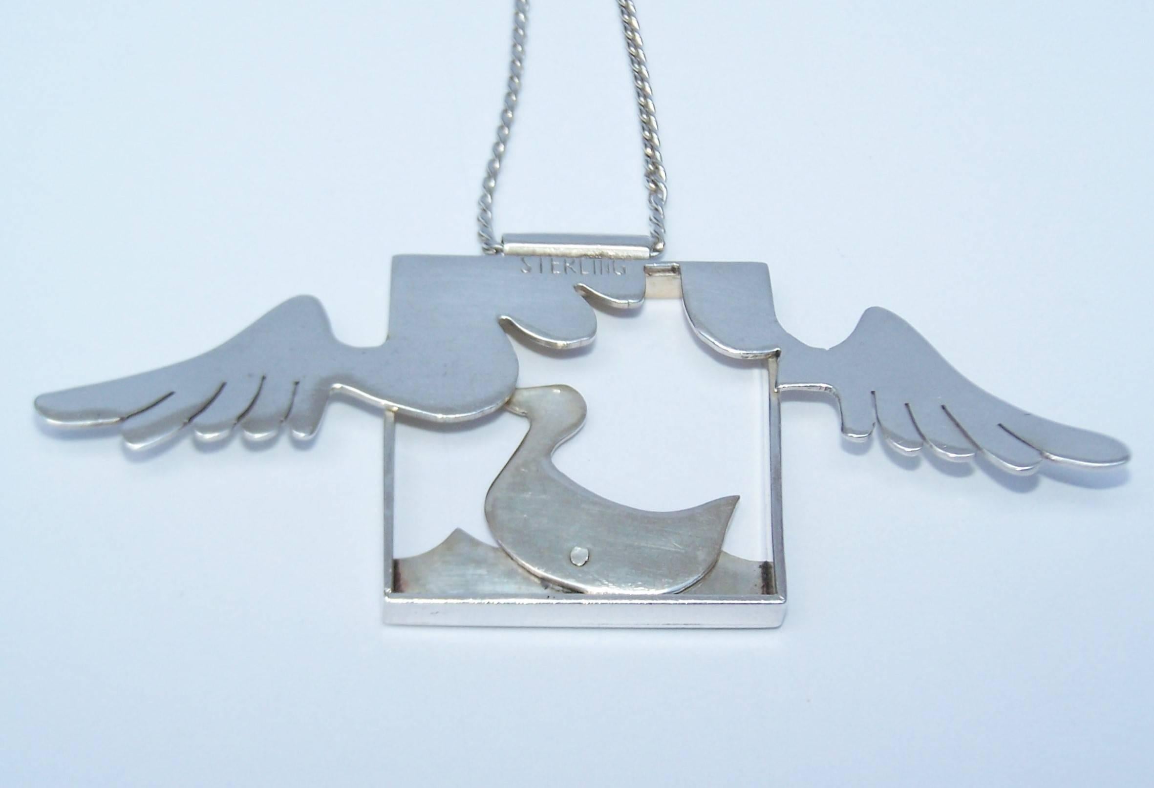 Whimsical 1970's Sterling Silver Surreal Articulated Duck Necklace 4
