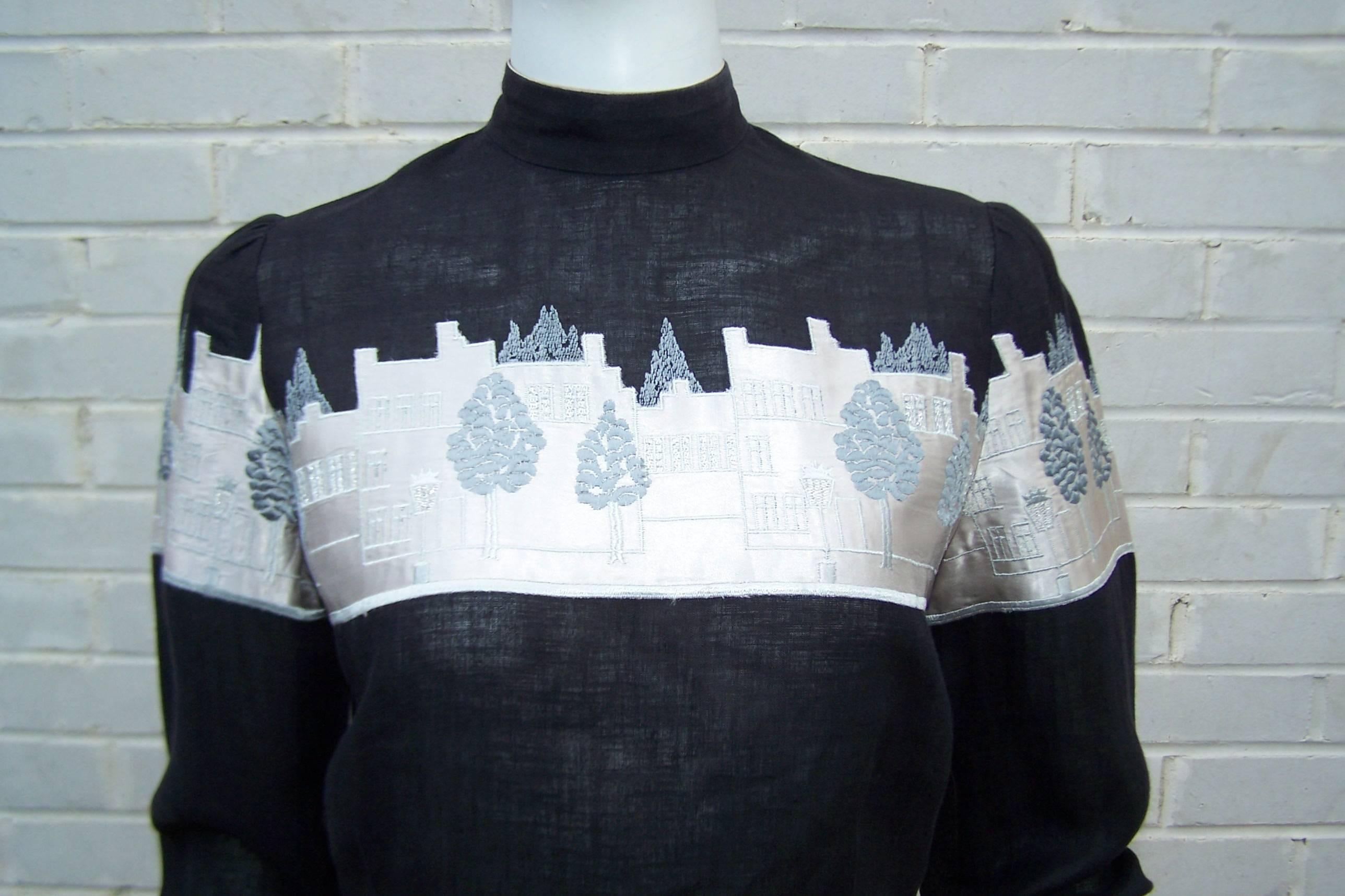 Whimsical 1980's City Skyline Embroidered Black Linen Blouse Top  1