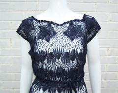 1950's Ann Fleischer Hand Woven Silk Organza Midnight Blue Ribbon Dress