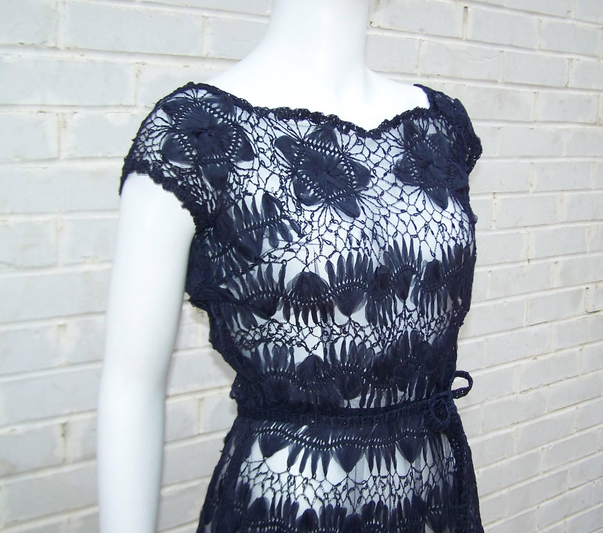Black 1950's Ann Fleischer Hand Woven Silk Organza Midnight Blue Ribbon Dress