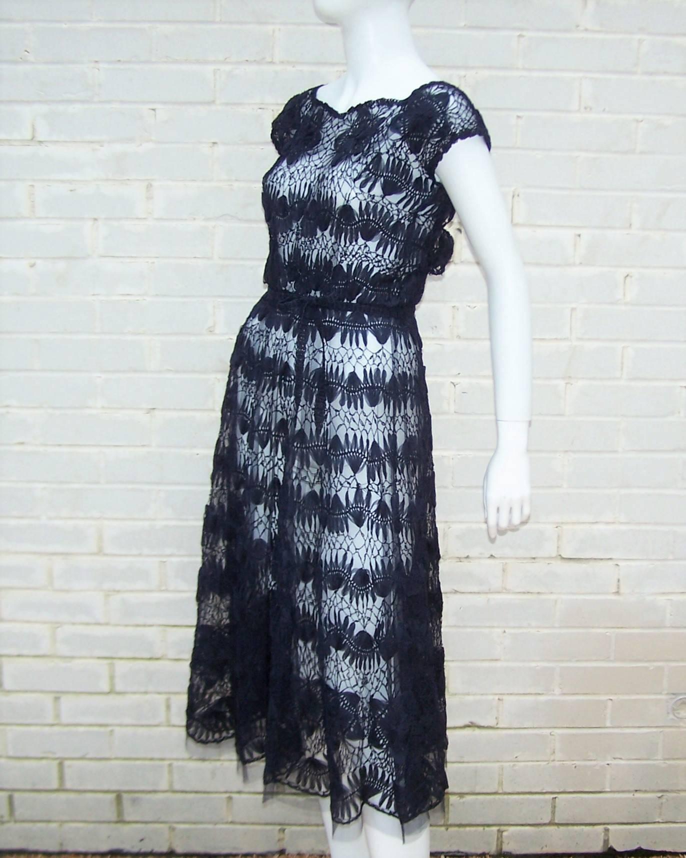 Women's 1950's Ann Fleischer Hand Woven Silk Organza Midnight Blue Ribbon Dress