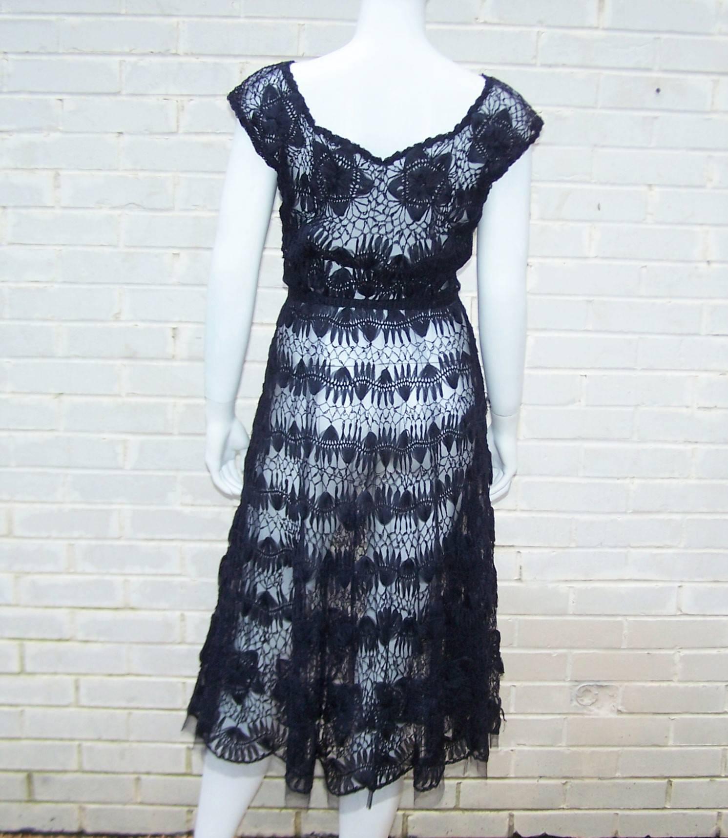 1950's Ann Fleischer Hand Woven Silk Organza Midnight Blue Ribbon Dress 1