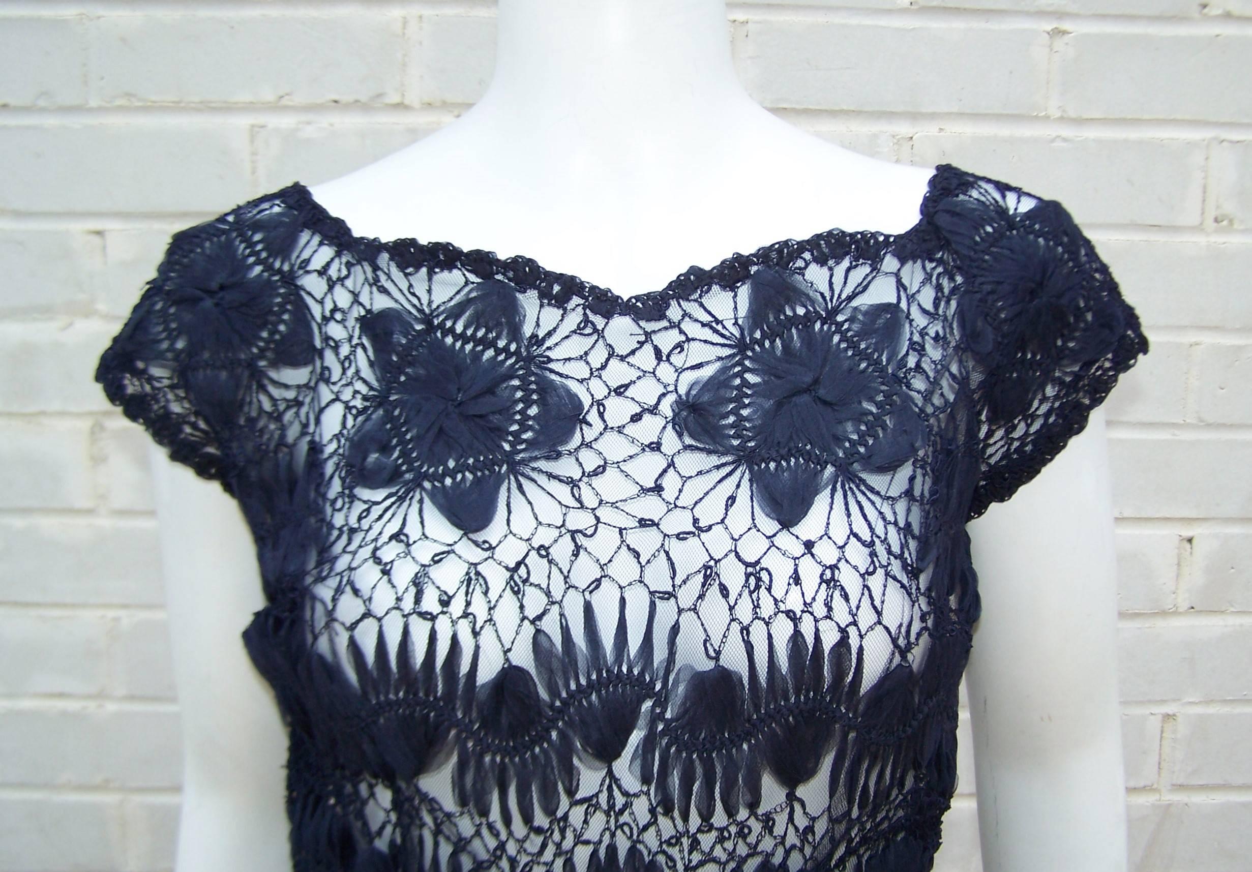 1950's Ann Fleischer Hand Woven Silk Organza Midnight Blue Ribbon Dress 2