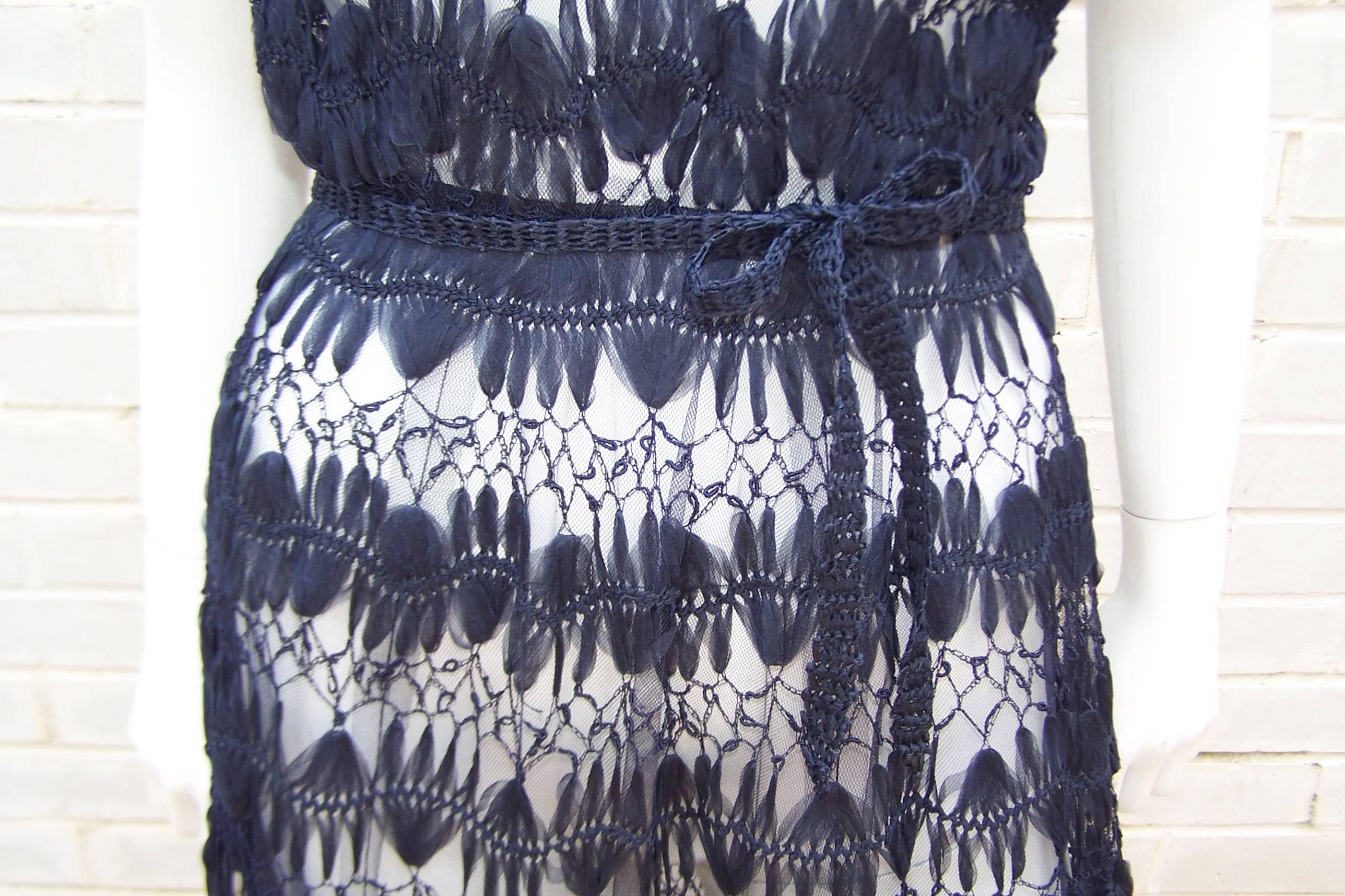 1950's Ann Fleischer Hand Woven Silk Organza Midnight Blue Ribbon Dress 3