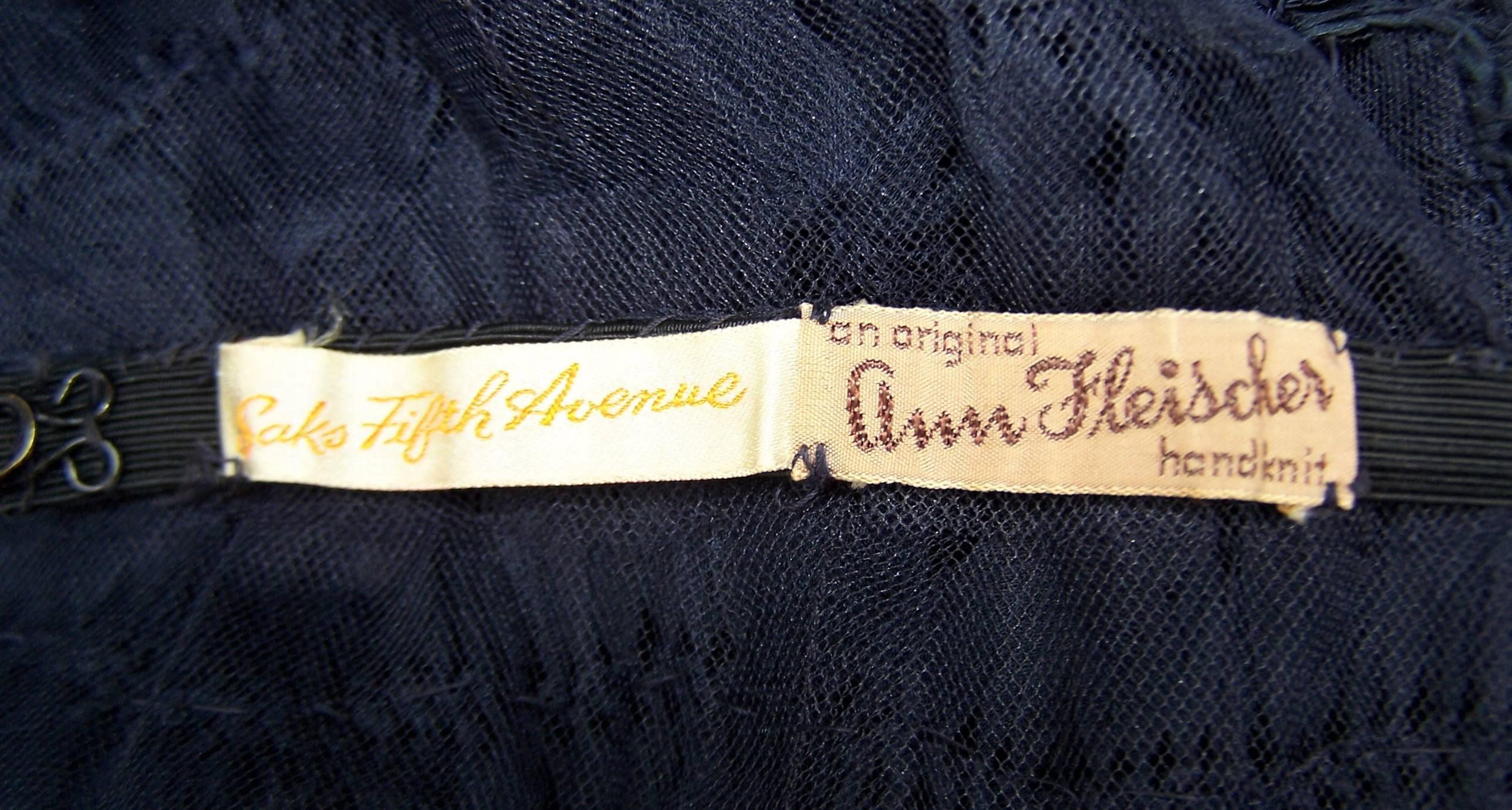 1950's Ann Fleischer Hand Woven Silk Organza Midnight Blue Ribbon Dress 4