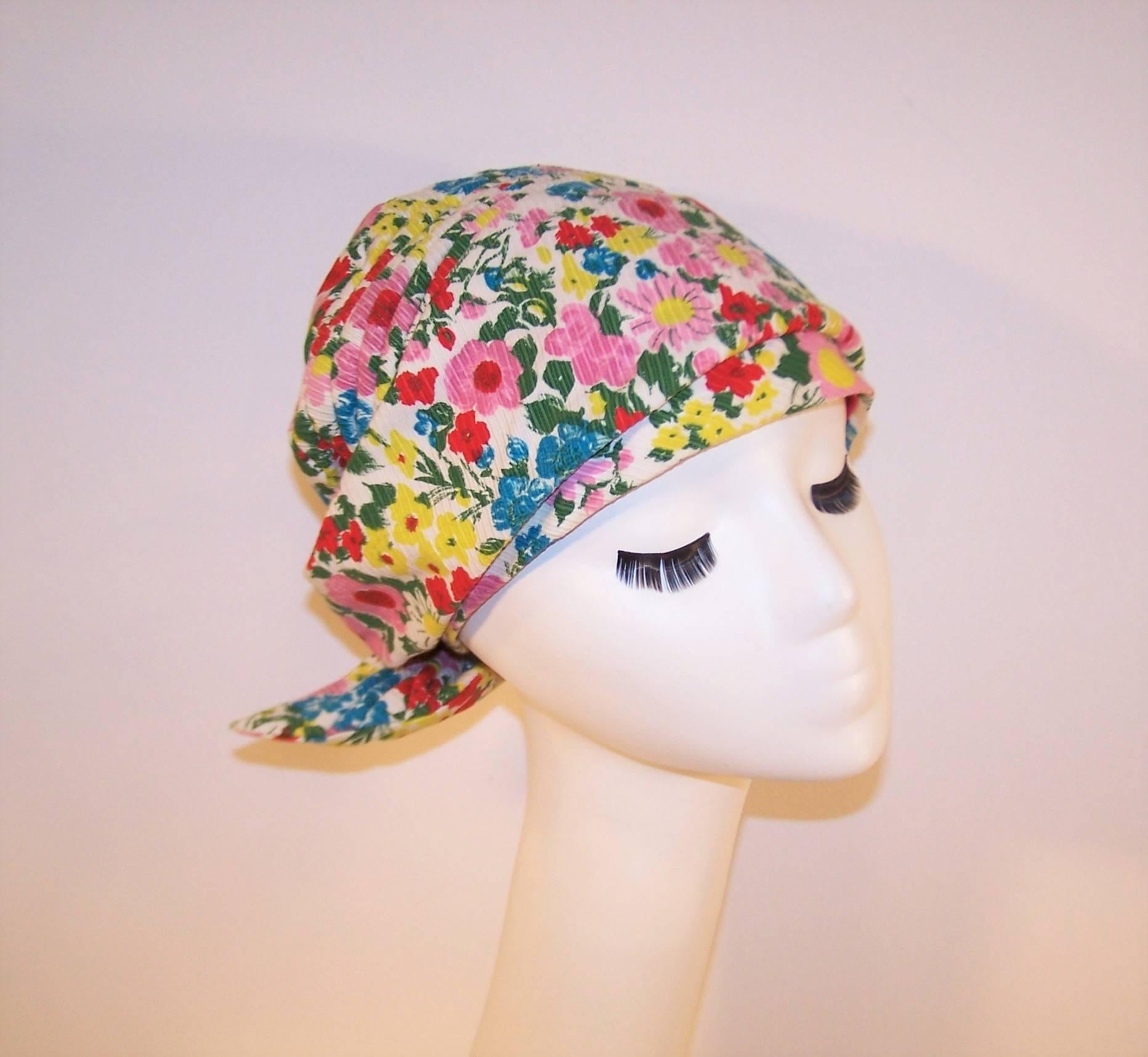 Beige Cute C.1970 Floral Turban Head Wrap Hat