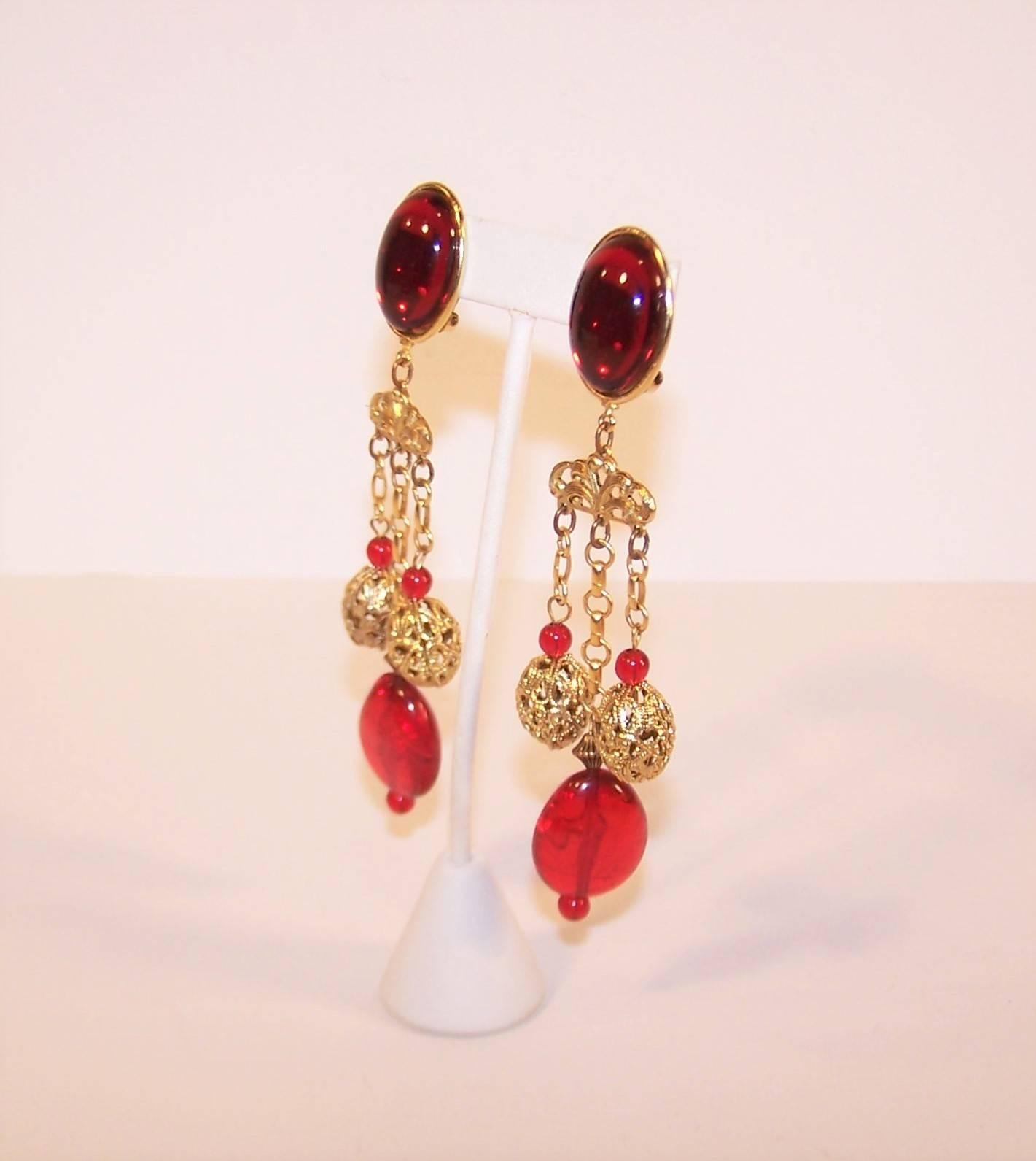 Baroque Runway 1980's Amy Jo of New York Red & Gold Clip On Earrings