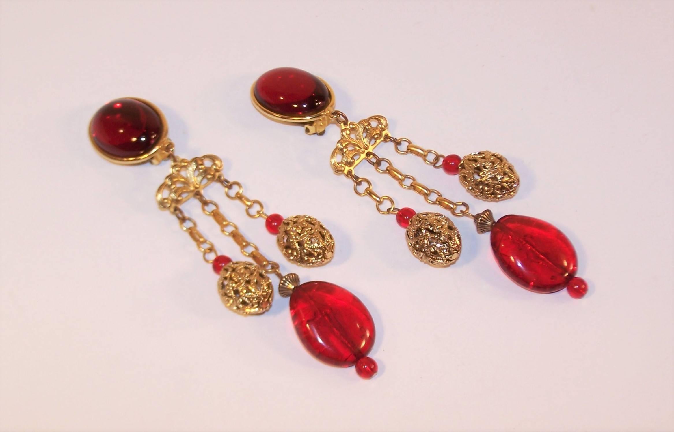 Women's Runway 1980's Amy Jo of New York Red & Gold Clip On Earrings