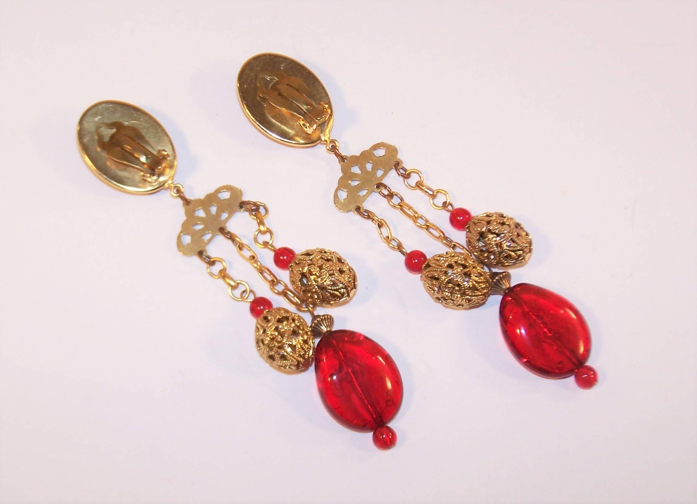 Runway 1980's Amy Jo of New York Red & Gold Clip On Earrings 1