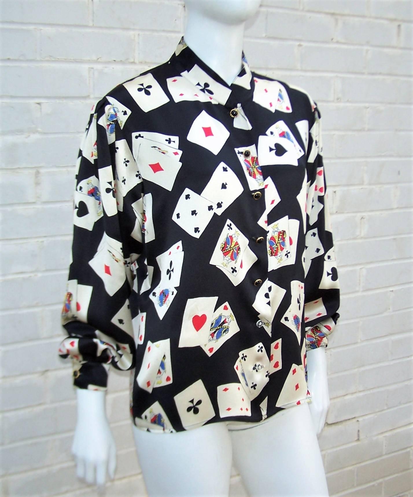 Fun 1980's Ungaro Silk Charmeuse Blouse With Playing Cards In Excellent Condition In Atlanta, GA