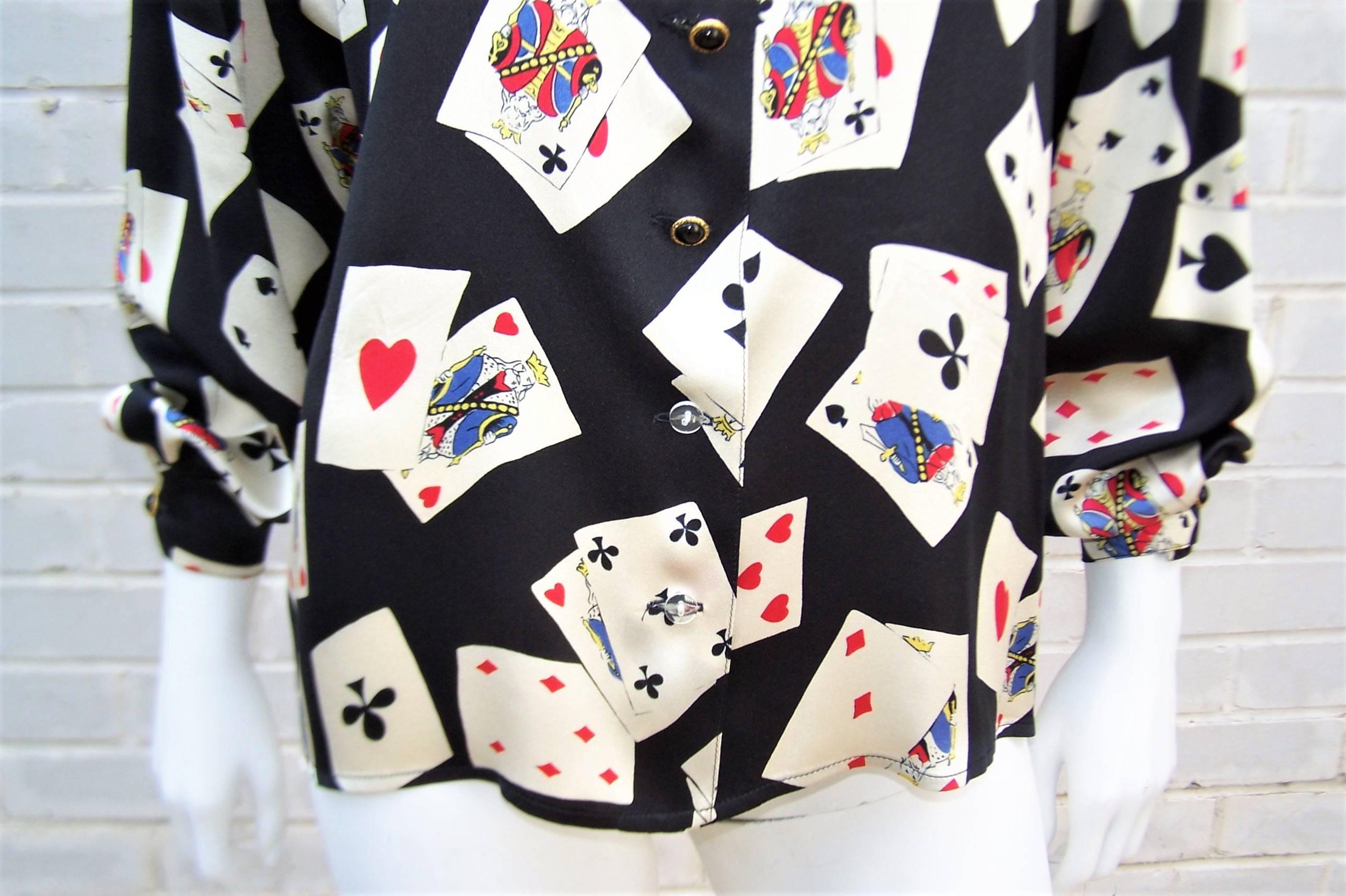Black Fun 1980's Ungaro Silk Charmeuse Blouse With Playing Cards