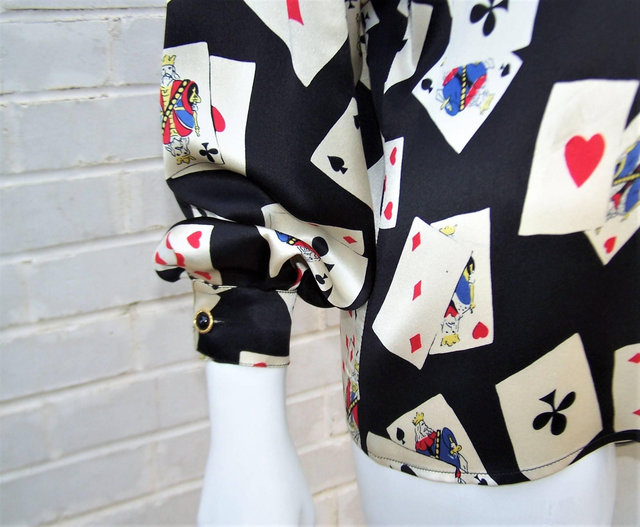Women's Fun 1980's Ungaro Silk Charmeuse Blouse With Playing Cards