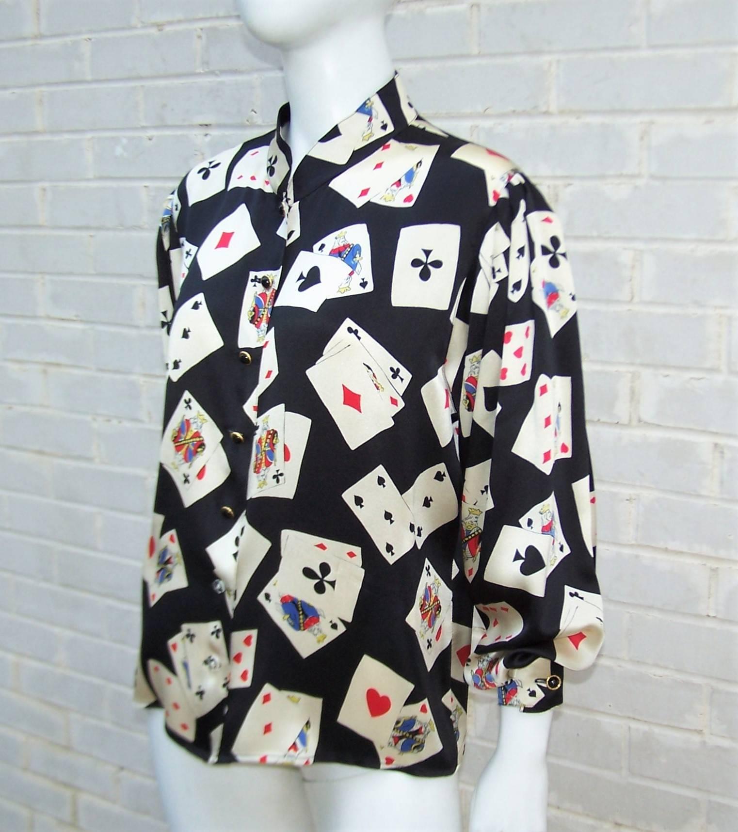 Fun 1980's Ungaro Silk Charmeuse Blouse With Playing Cards 1