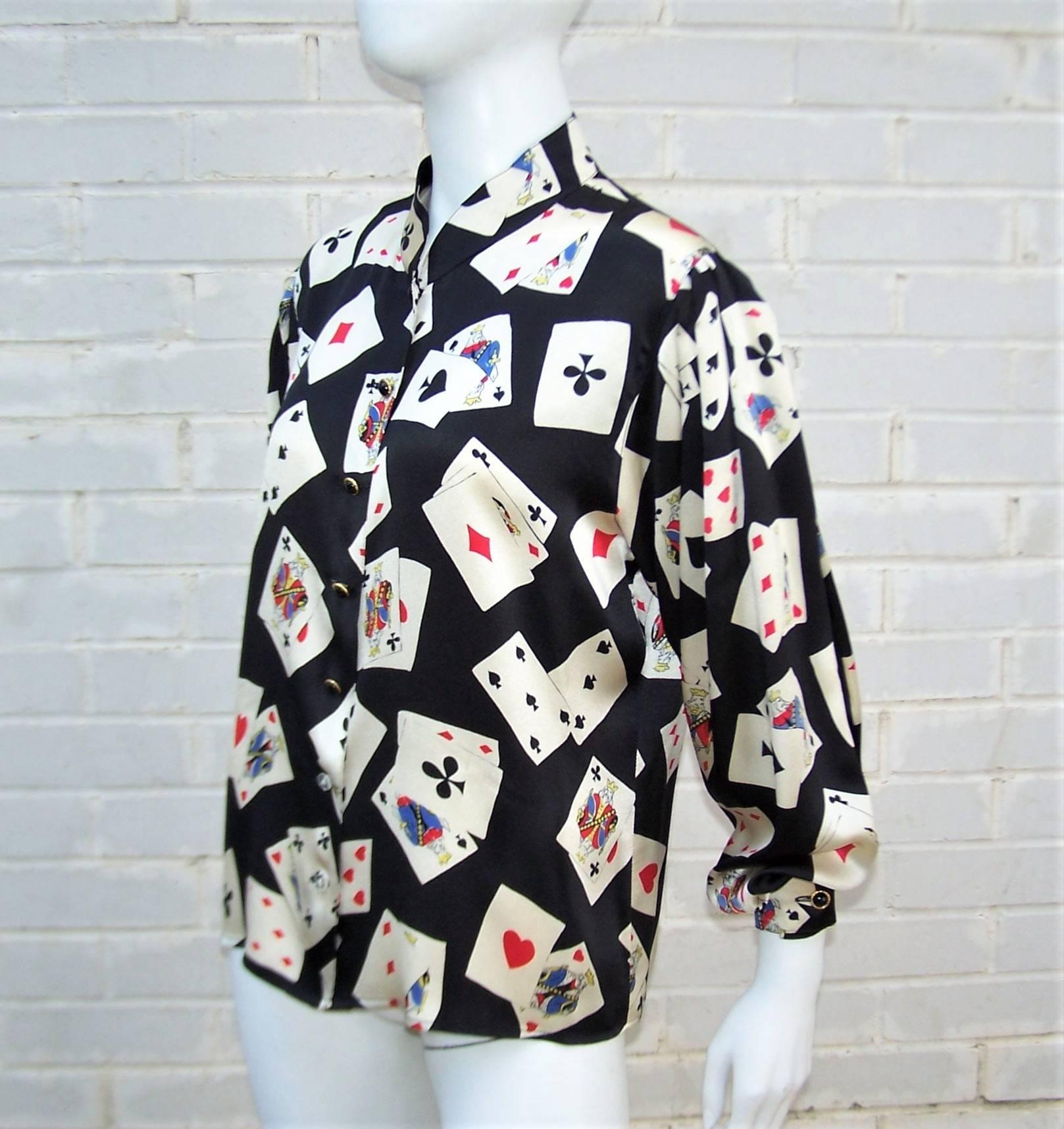Fun 1980's Ungaro Silk Charmeuse Blouse With Playing Cards 2