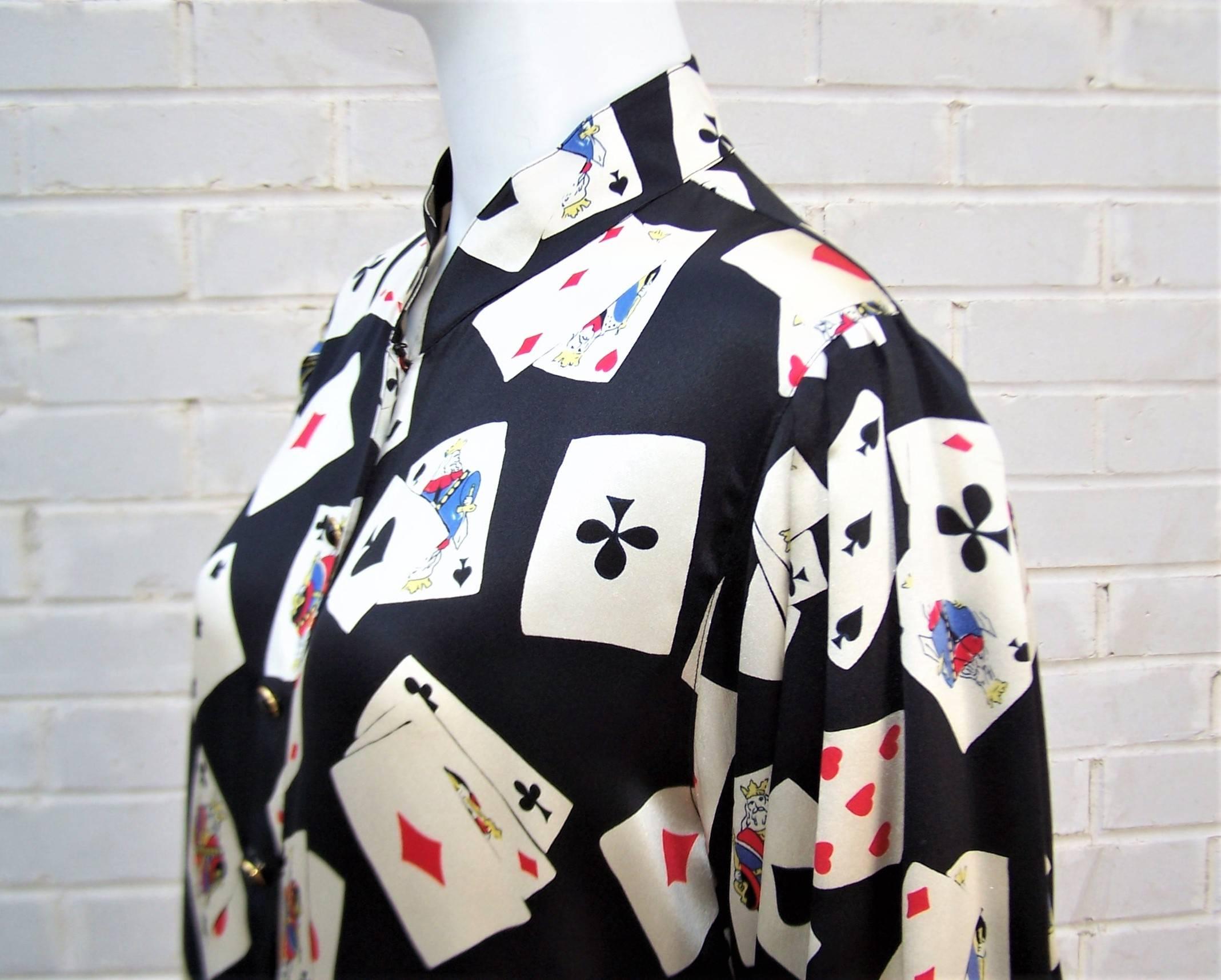 Fun 1980's Ungaro Silk Charmeuse Blouse With Playing Cards 3