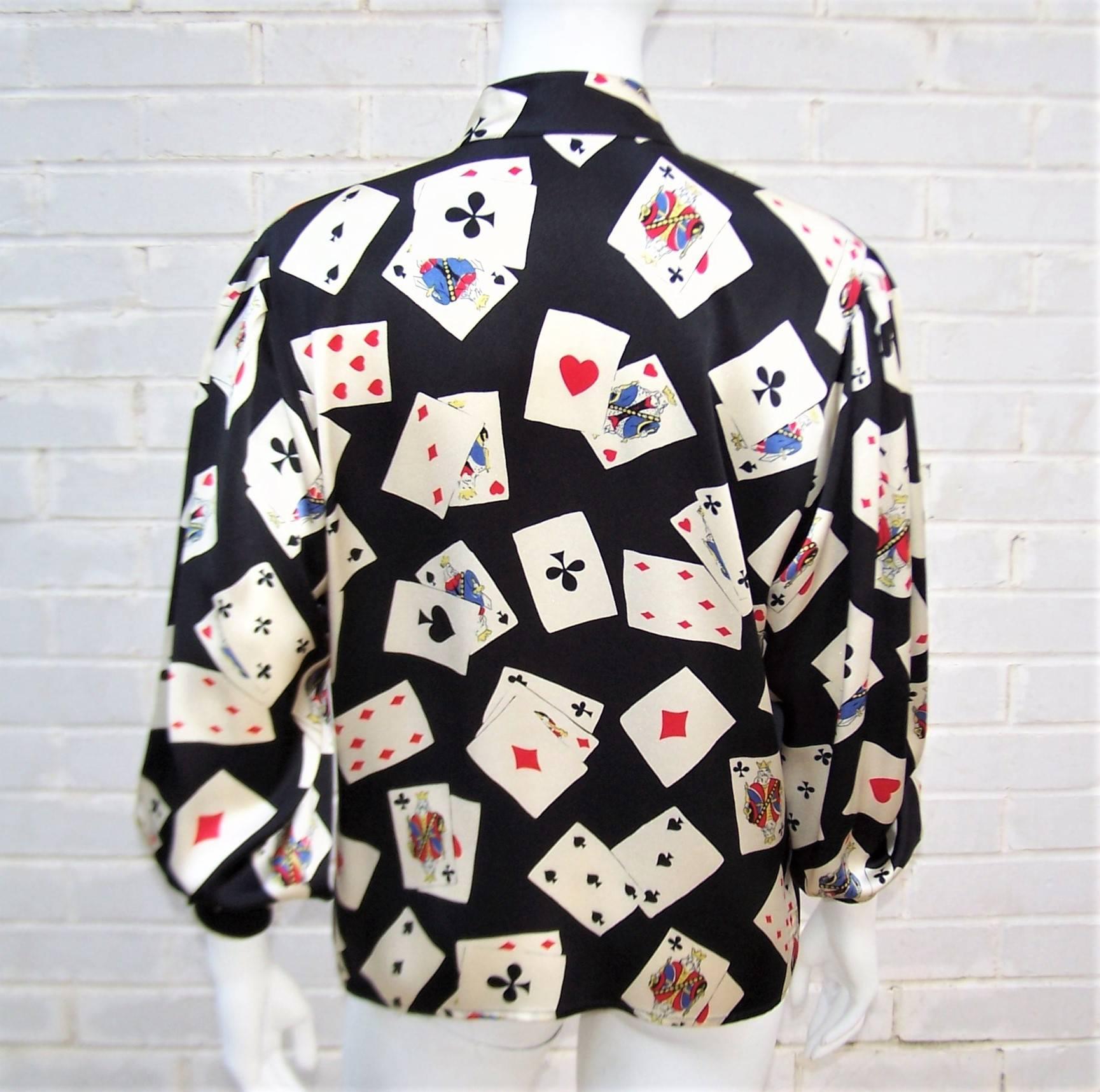 Fun 1980's Ungaro Silk Charmeuse Blouse With Playing Cards 4