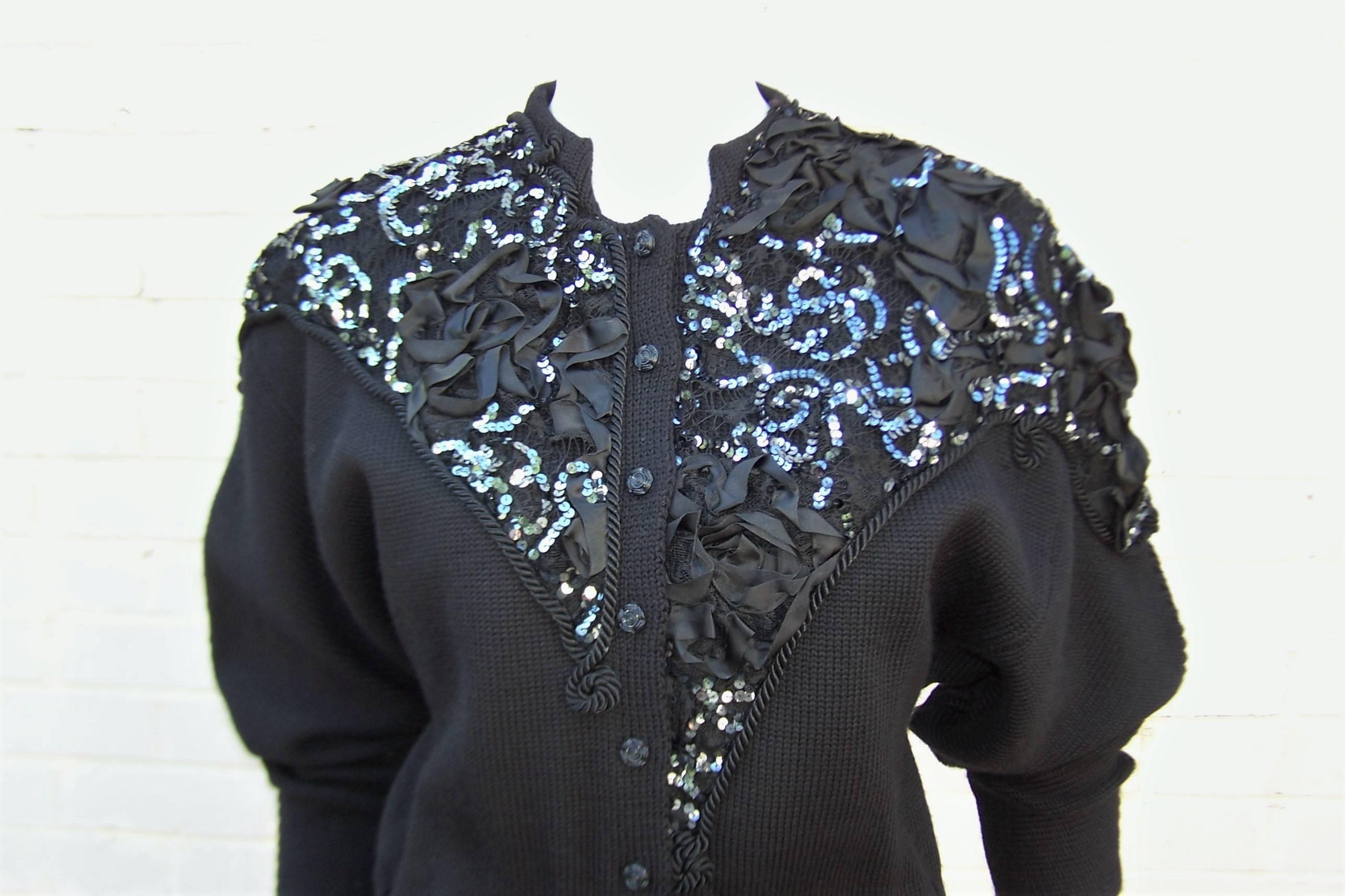 Bedazzled 1980's French Black Wool Evening Sweater  In Excellent Condition In Atlanta, GA