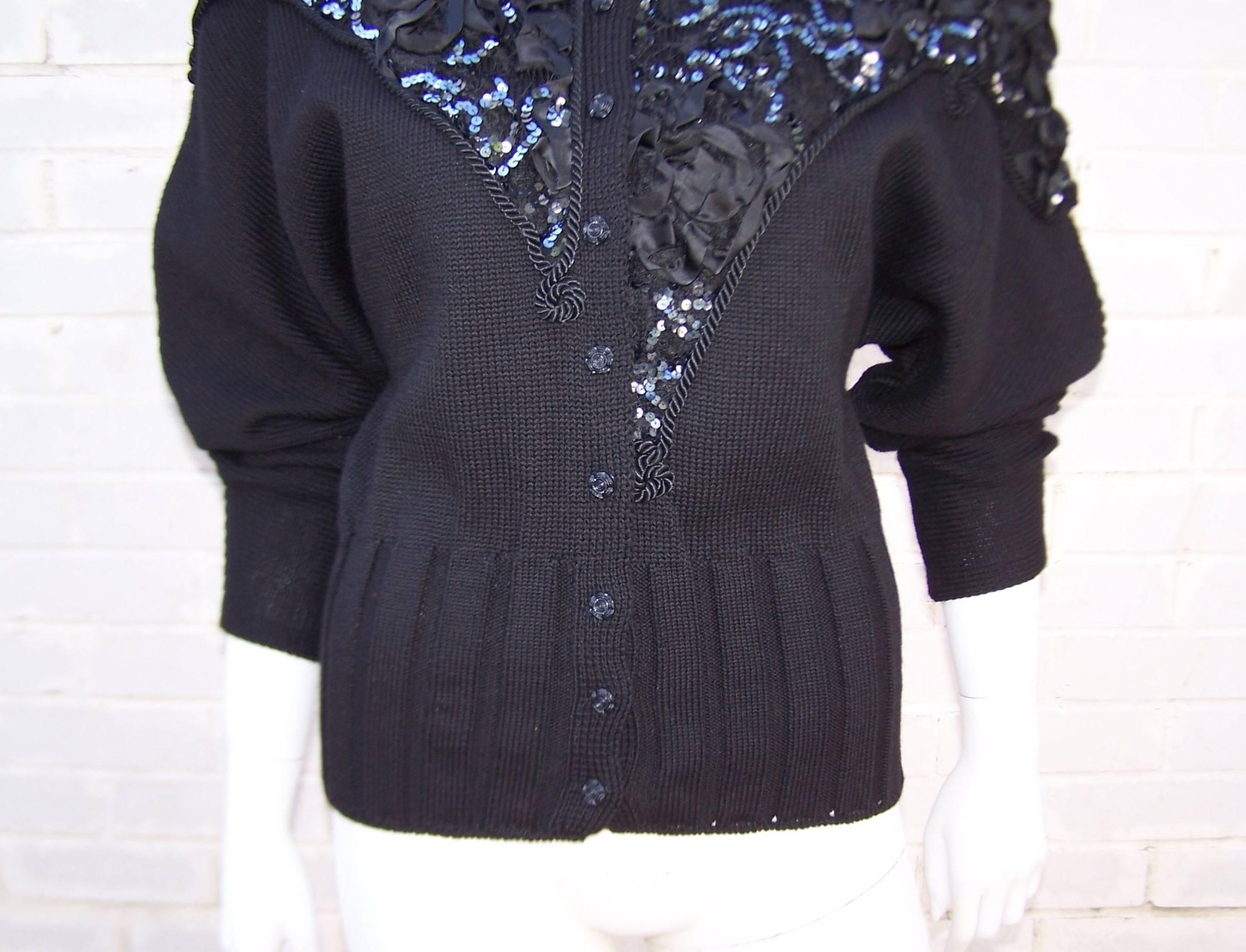 Women's Bedazzled 1980's French Black Wool Evening Sweater 