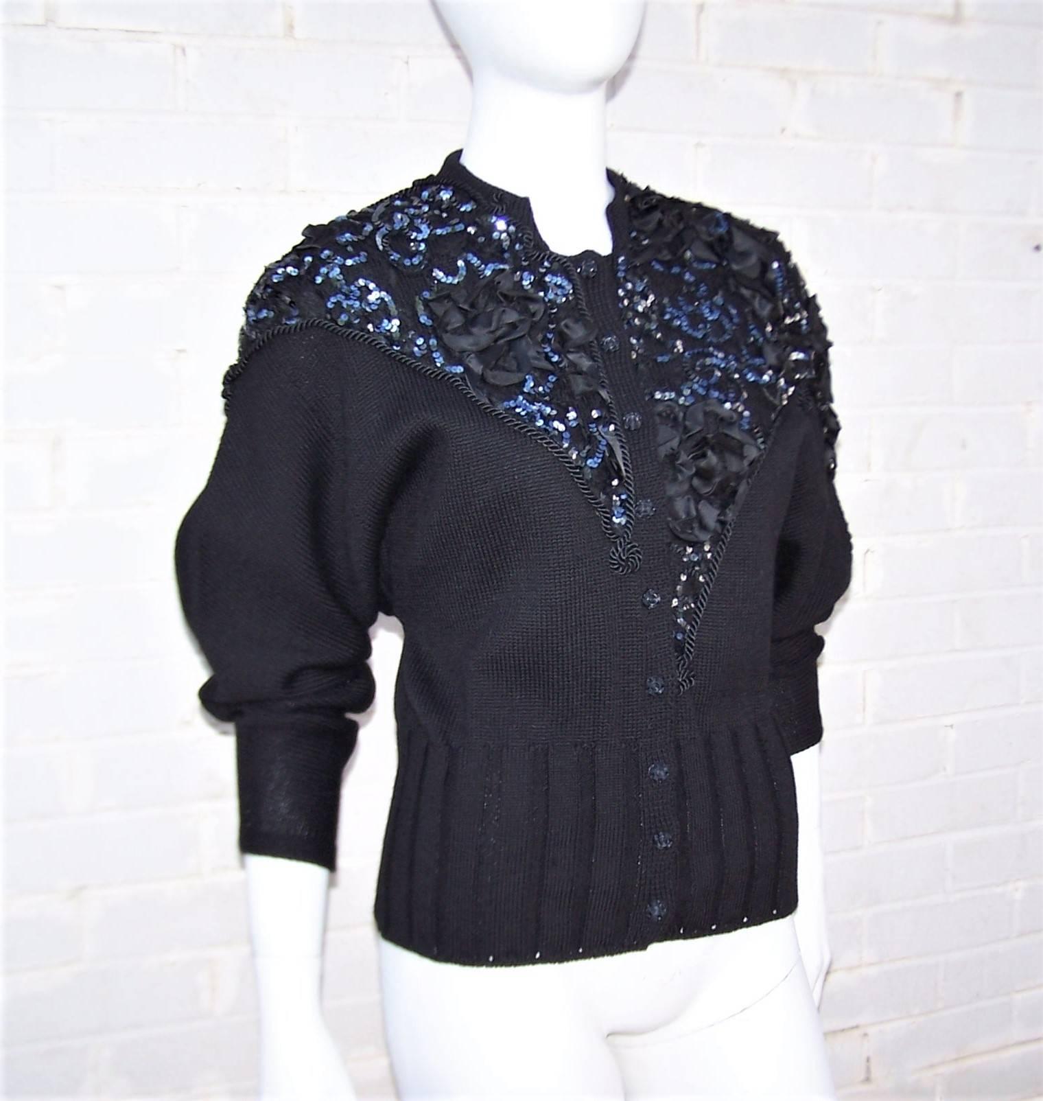 Bedazzled 1980's French Black Wool Evening Sweater  1