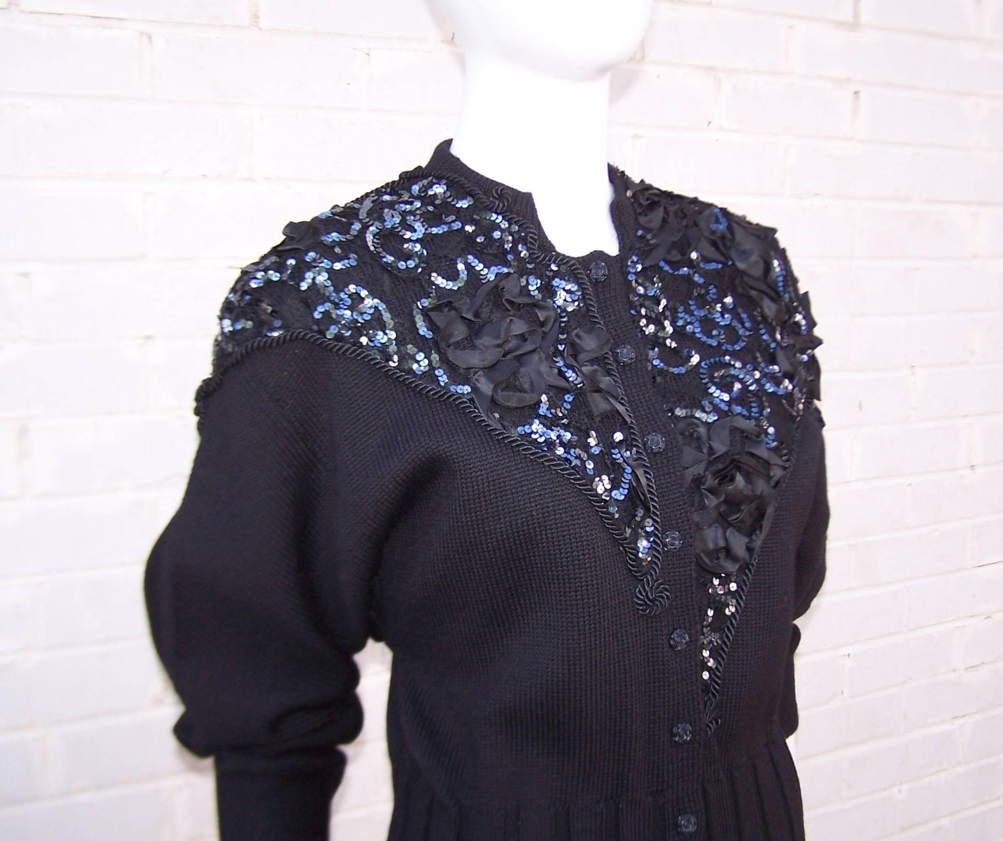 Bedazzled 1980's French Black Wool Evening Sweater  2