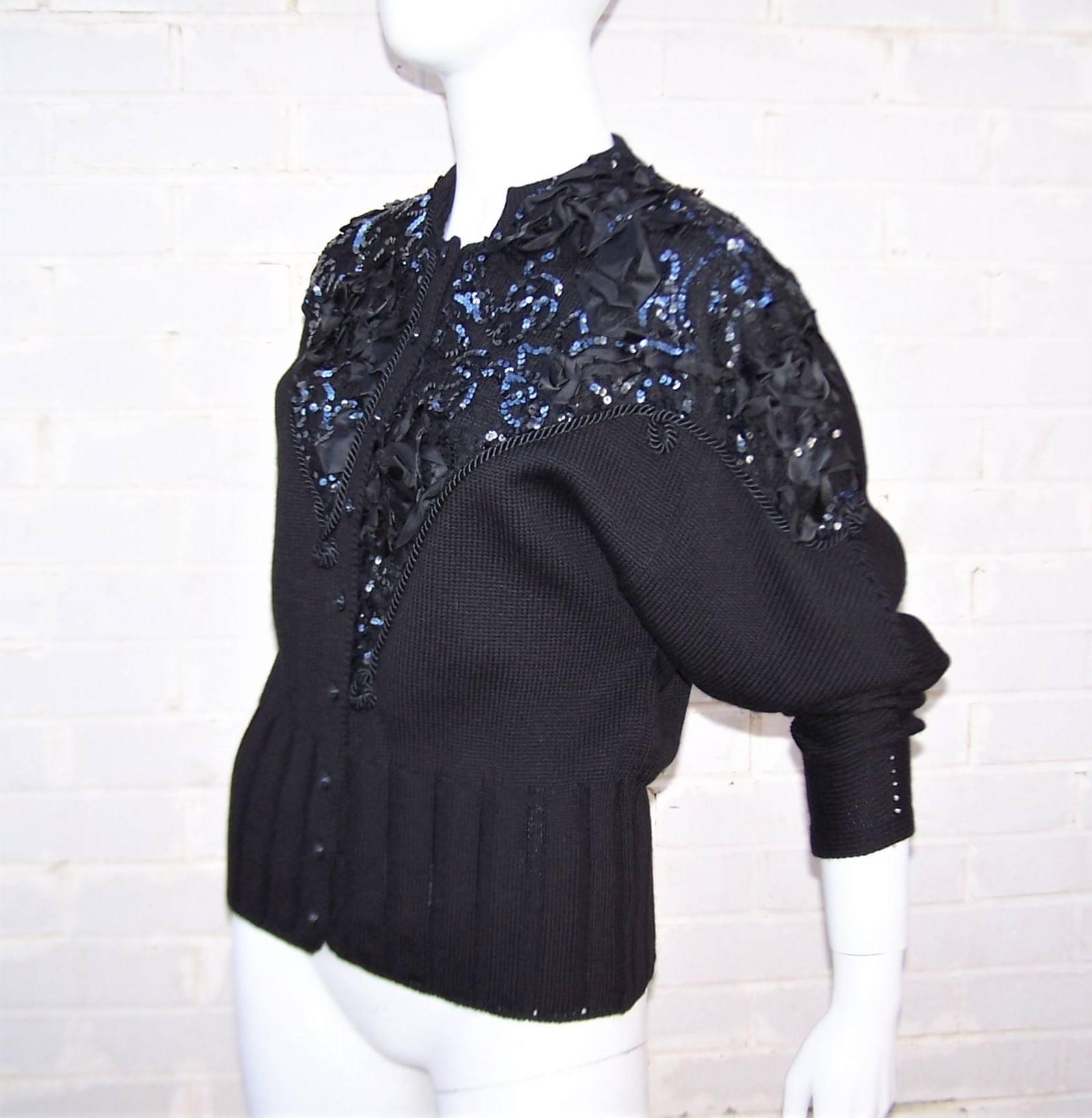 Bedazzled 1980's French Black Wool Evening Sweater  3