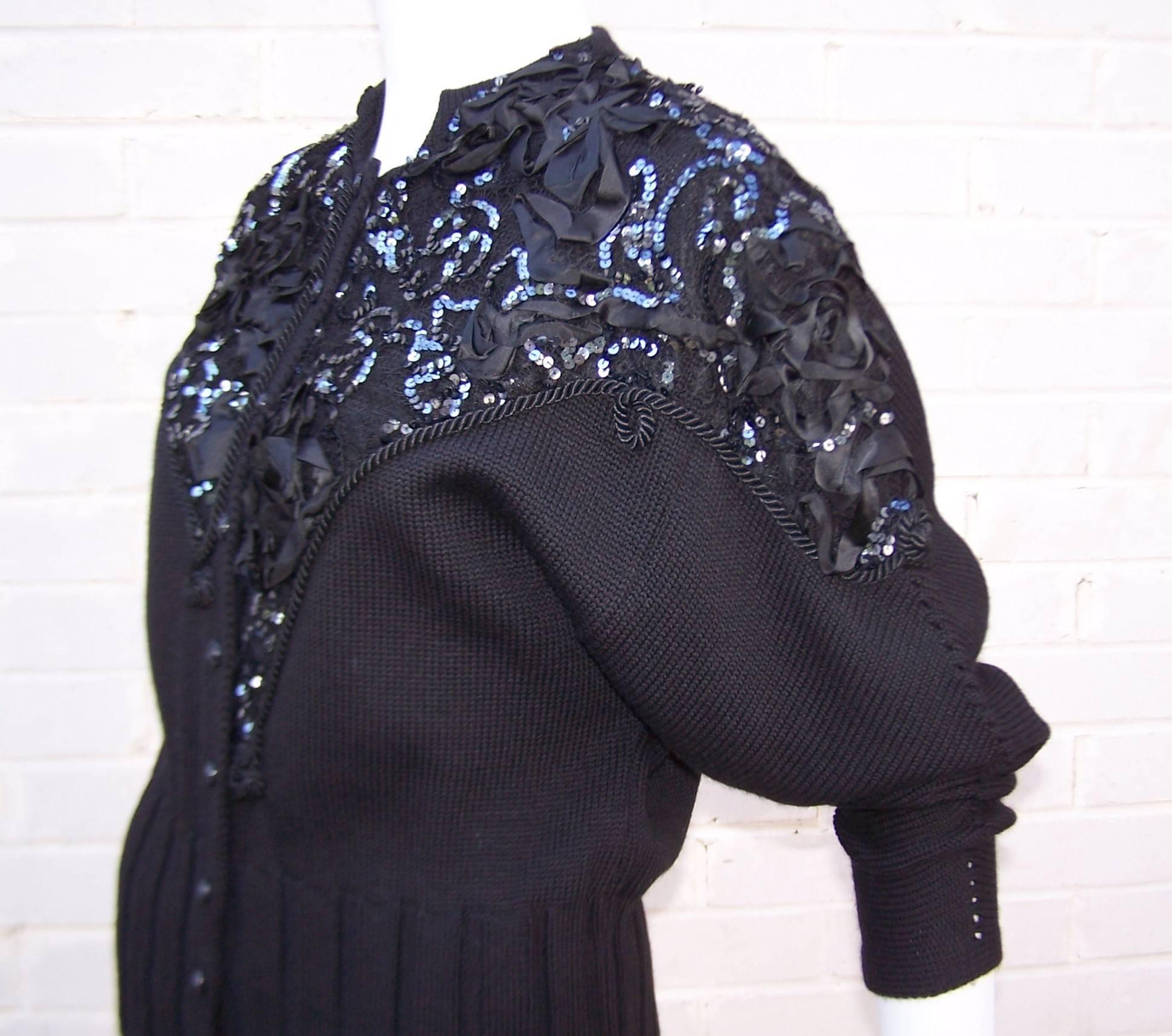Bedazzled 1980's French Black Wool Evening Sweater  4