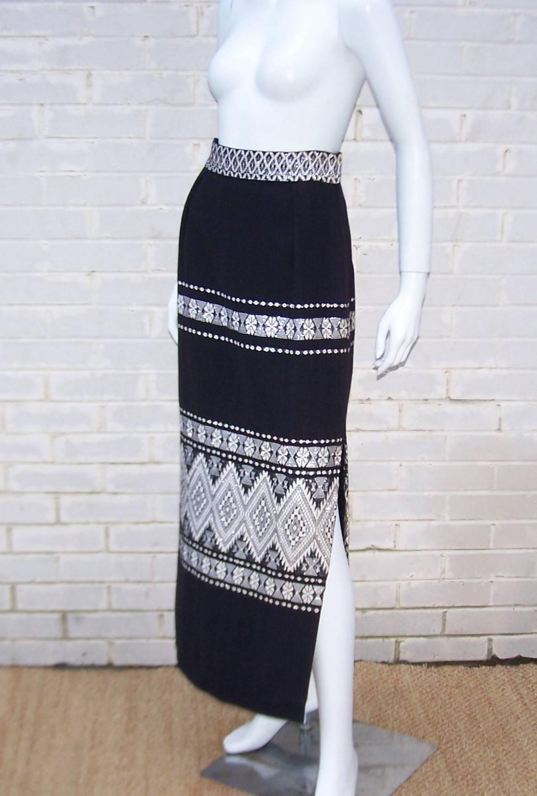 Black Graphic C.1970 Mexican Folkloric Cotton Maxi Skirt