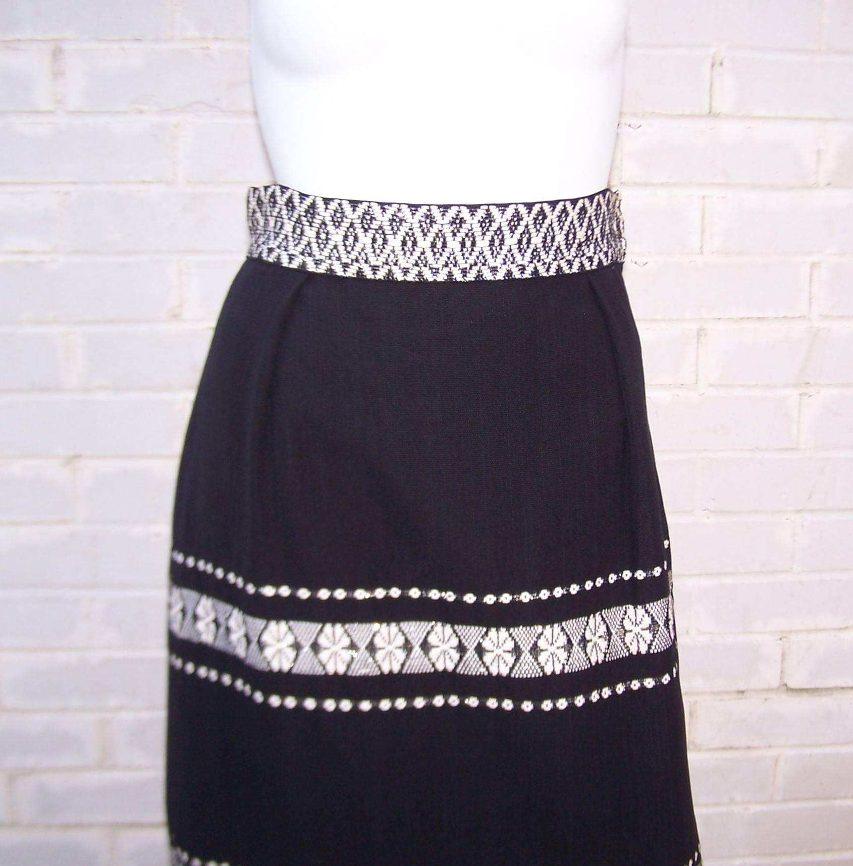 Graphic C.1970 Mexican Folkloric Cotton Maxi Skirt 1