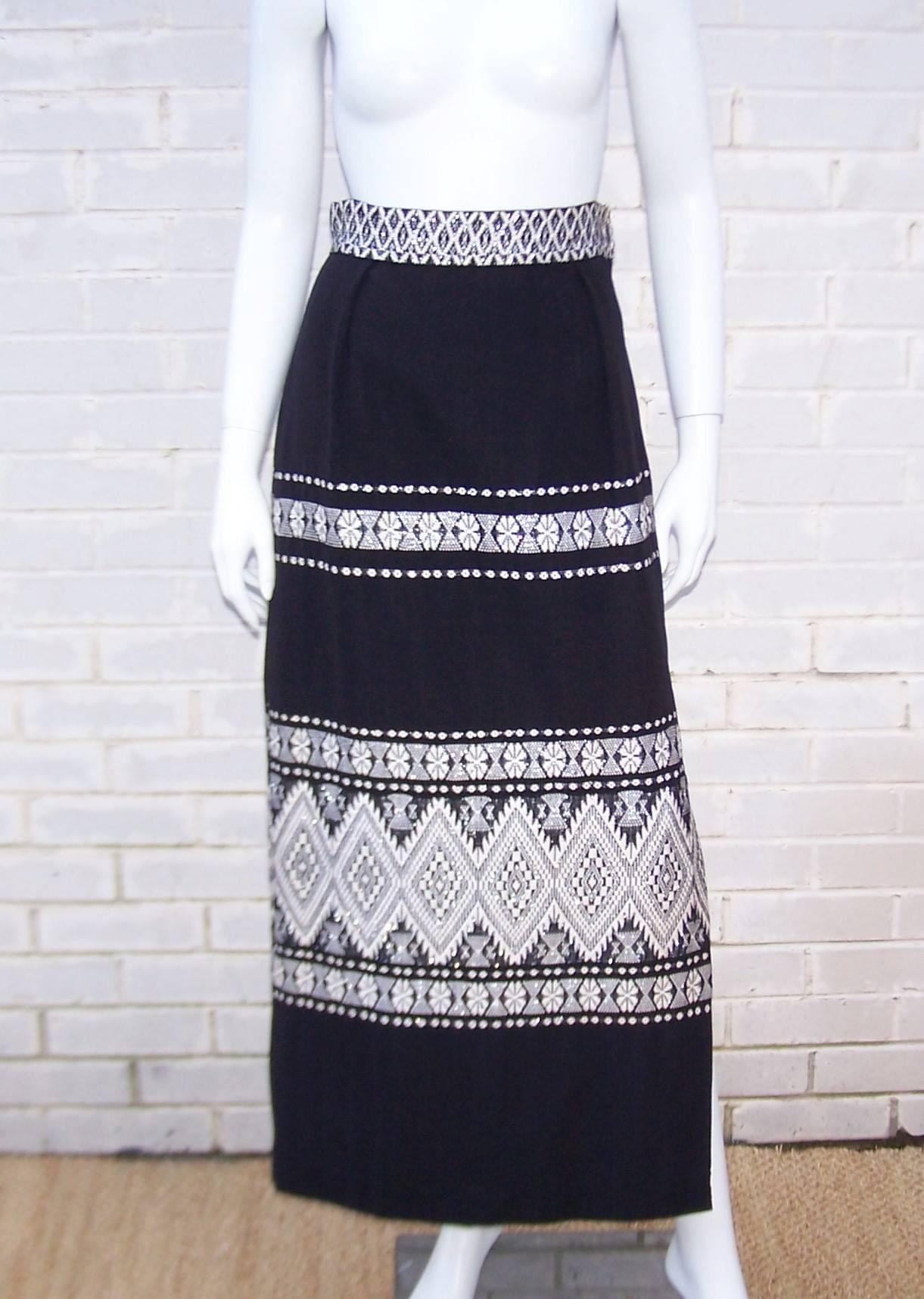 Graphic C.1970 Mexican Folkloric Cotton Maxi Skirt 3