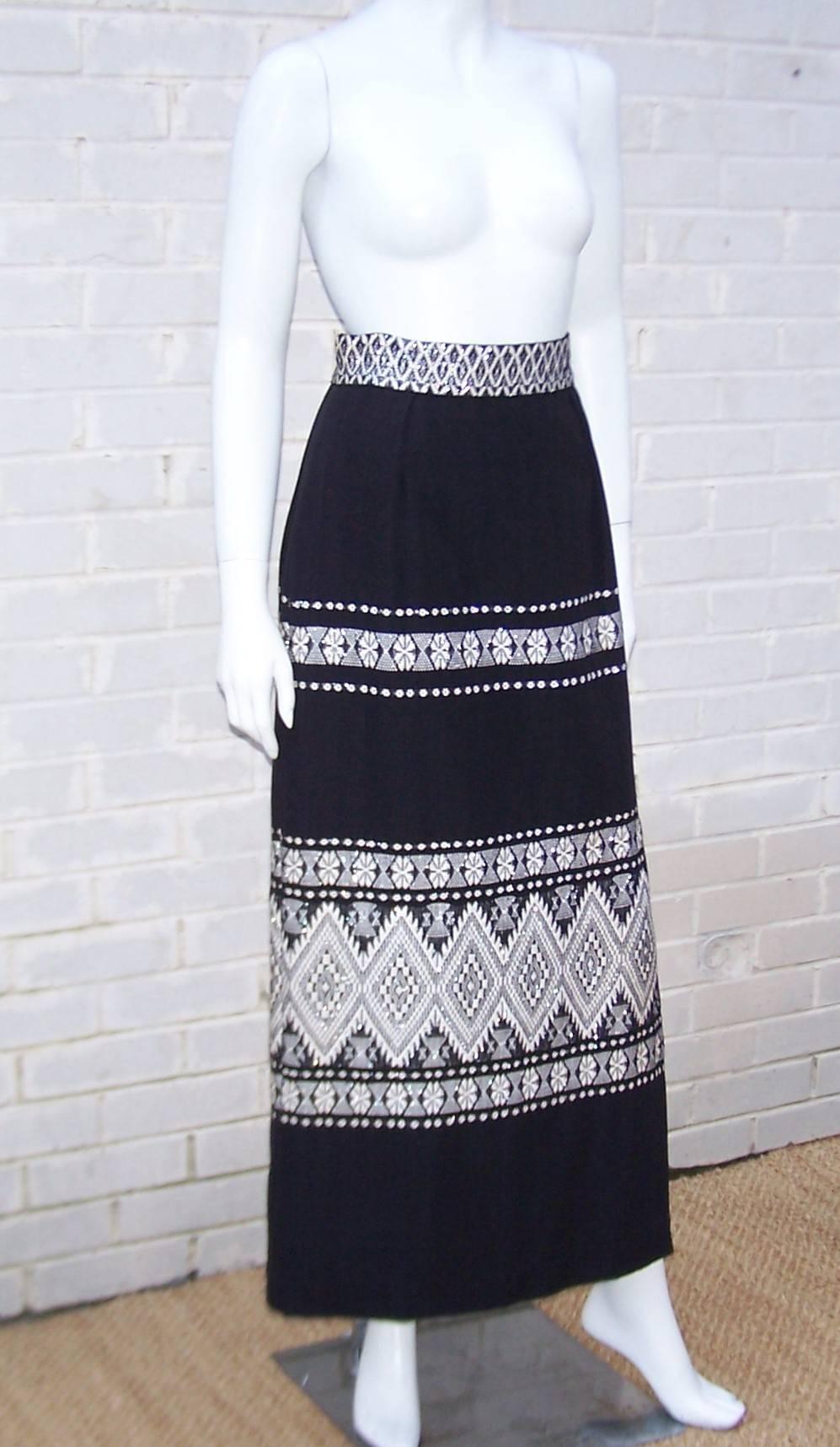 Graphic C.1970 Mexican Folkloric Cotton Maxi Skirt 4