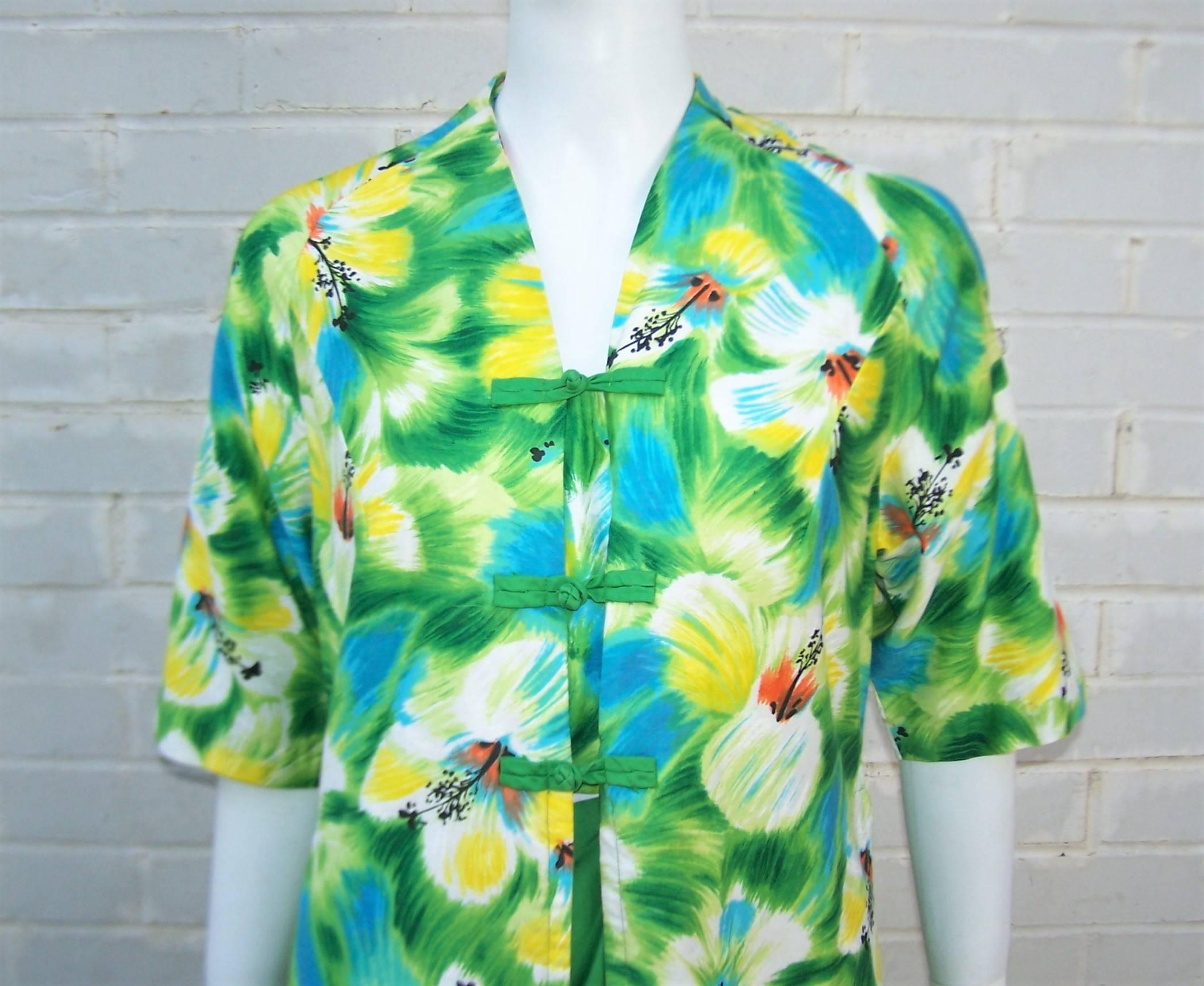 Green Tropical 1950's Kamehameha Hawaiian Floral Cotton Dress 