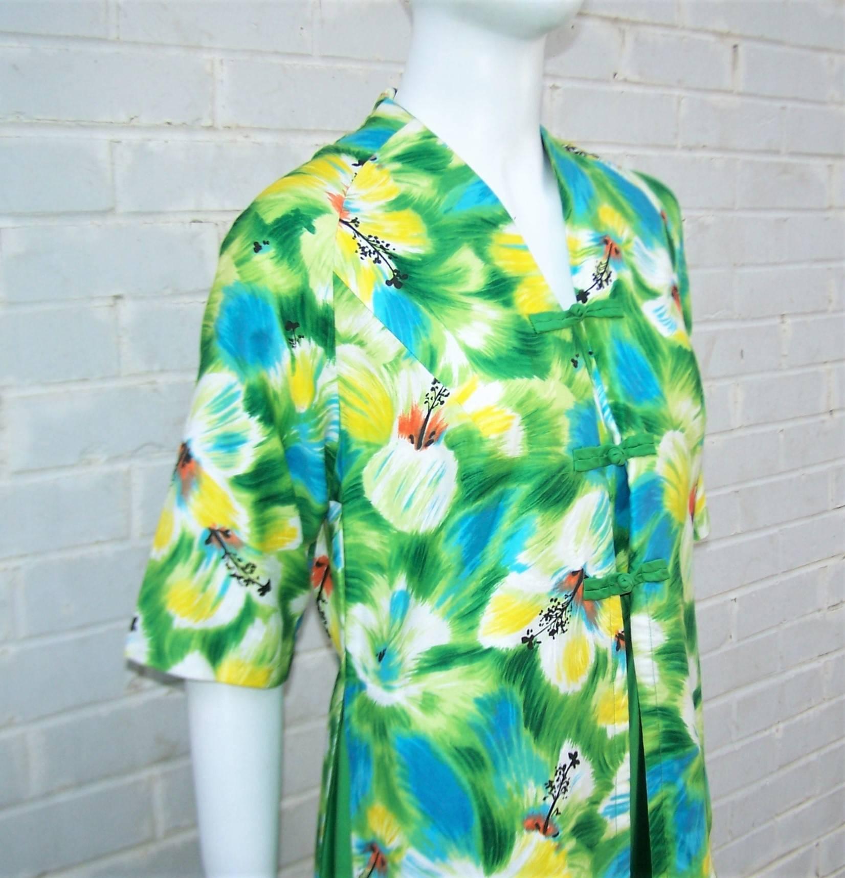 Women's Tropical 1950's Kamehameha Hawaiian Floral Cotton Dress 