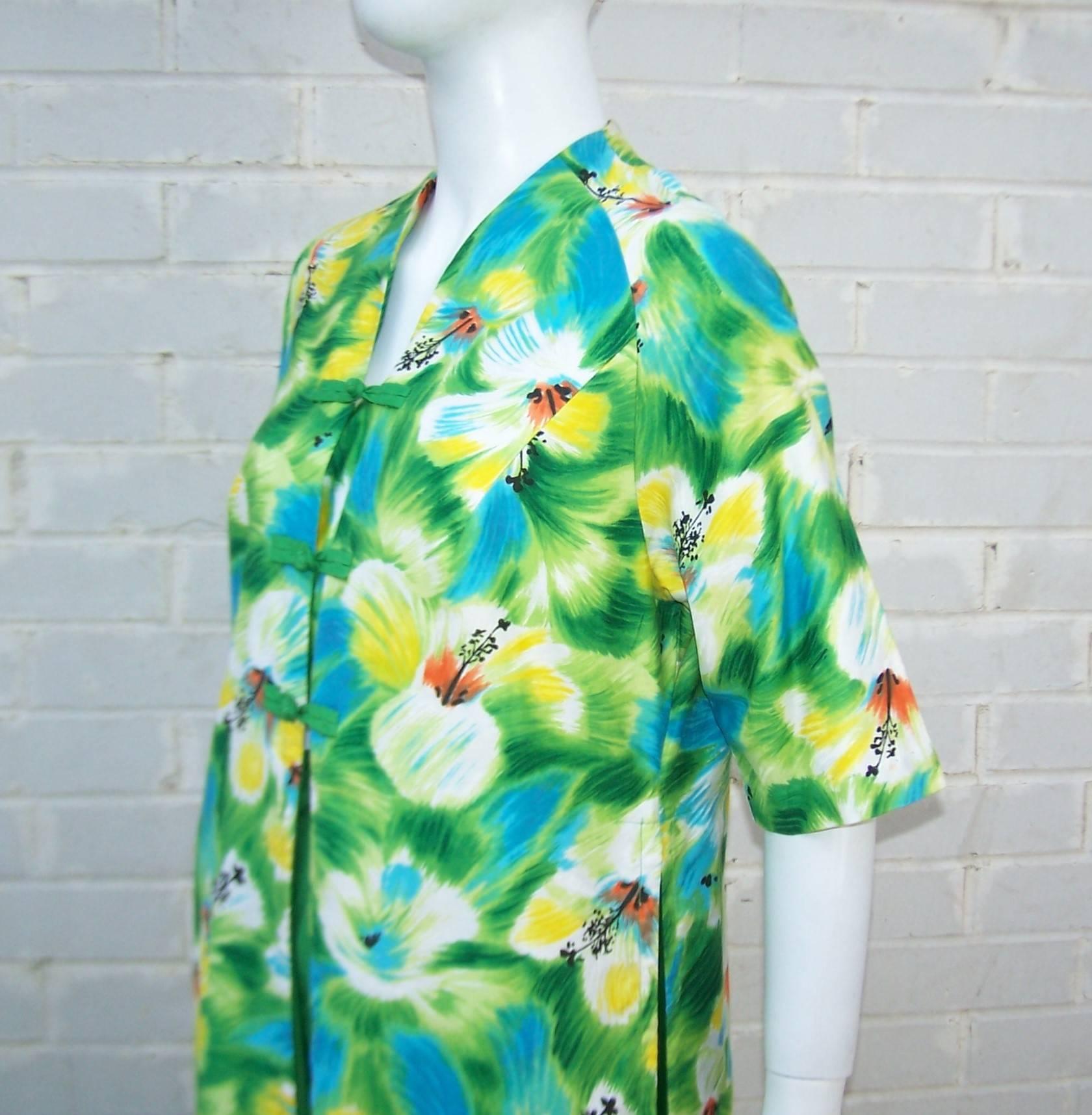 Tropical 1950's Kamehameha Hawaiian Floral Cotton Dress  2