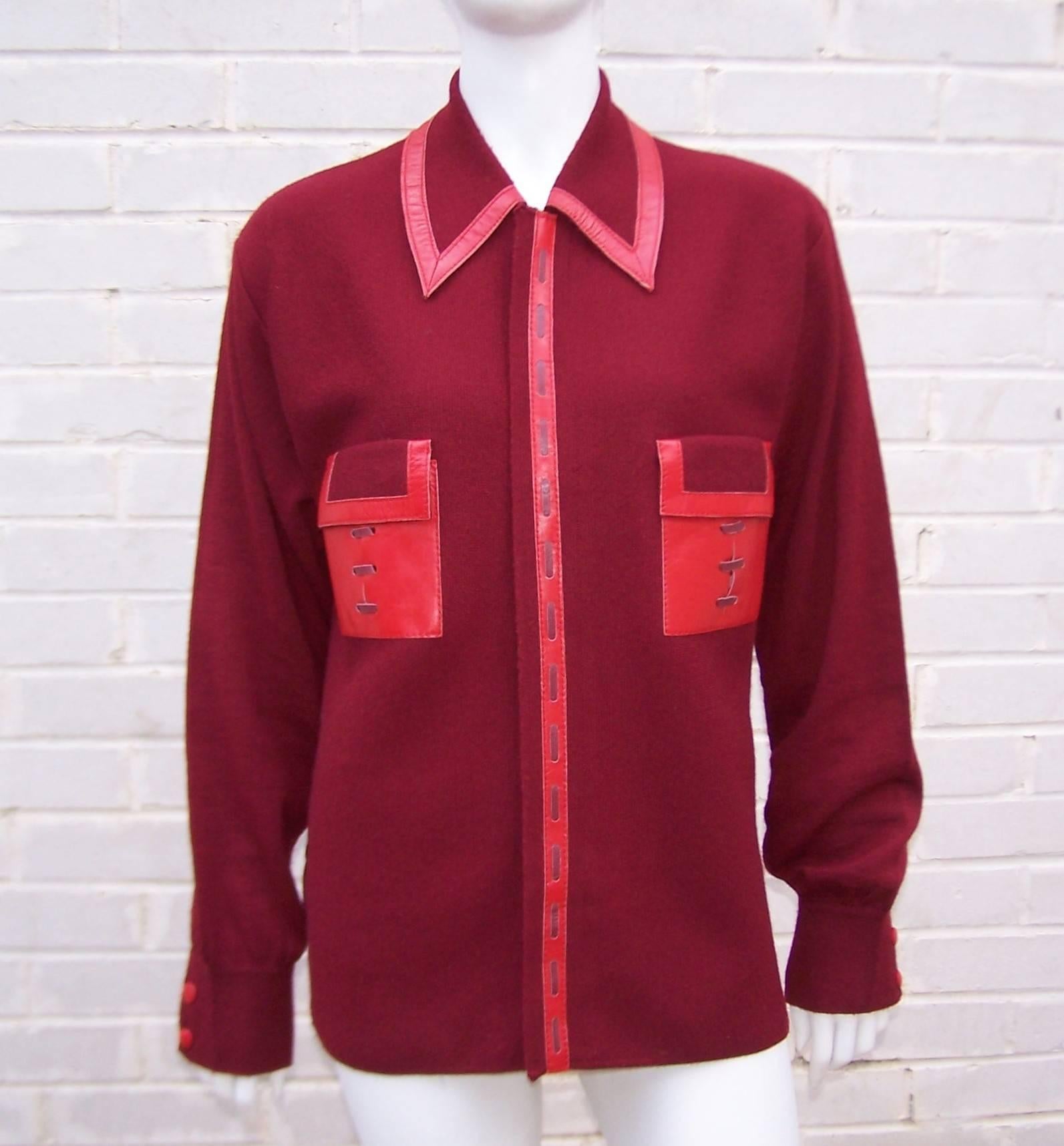 Red Mod C.1970 Leonardo Strassi Italian Menswear Sweater With Leather Details