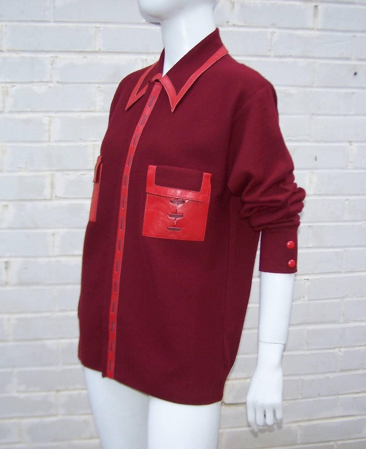 Mod C.1970 Leonardo Strassi Italian Menswear Sweater With Leather Details In Excellent Condition In Atlanta, GA