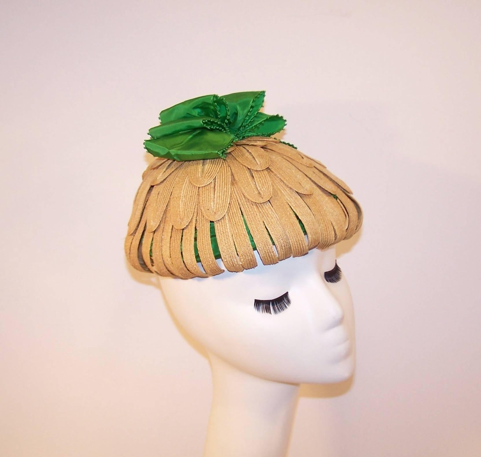 Brown Whimsical 1950's Bonta Creatrice Straw Petal Hat With Kelly Green Bow