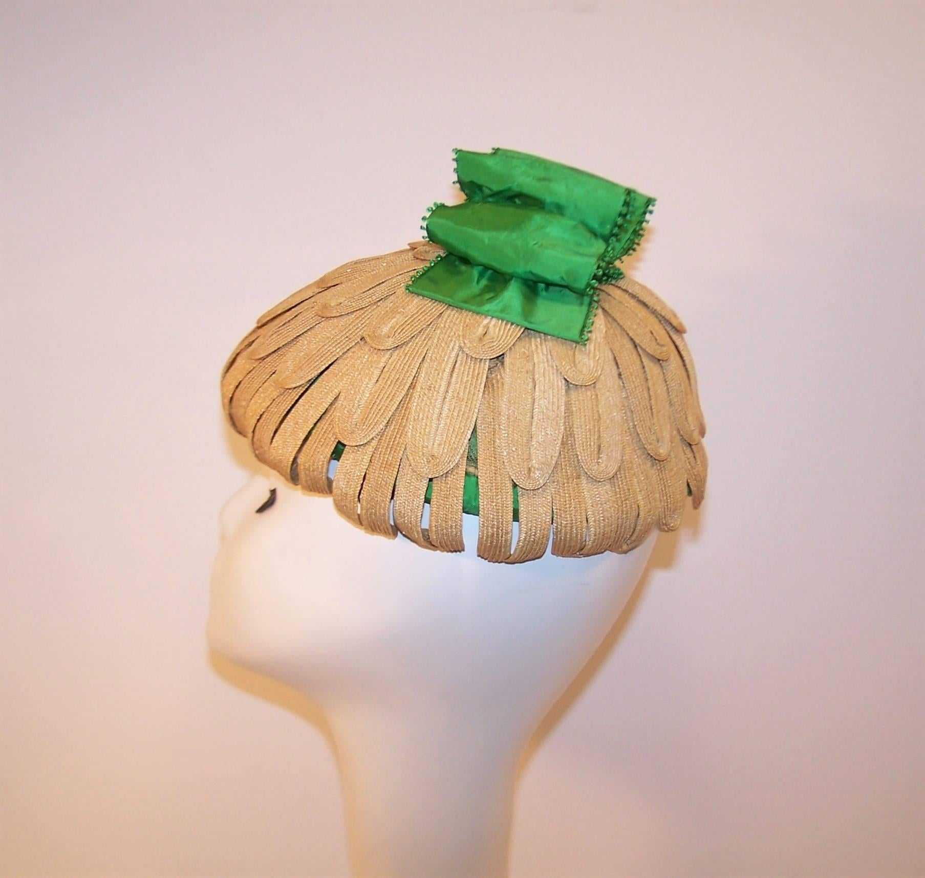 Women's Whimsical 1950's Bonta Creatrice Straw Petal Hat With Kelly Green Bow