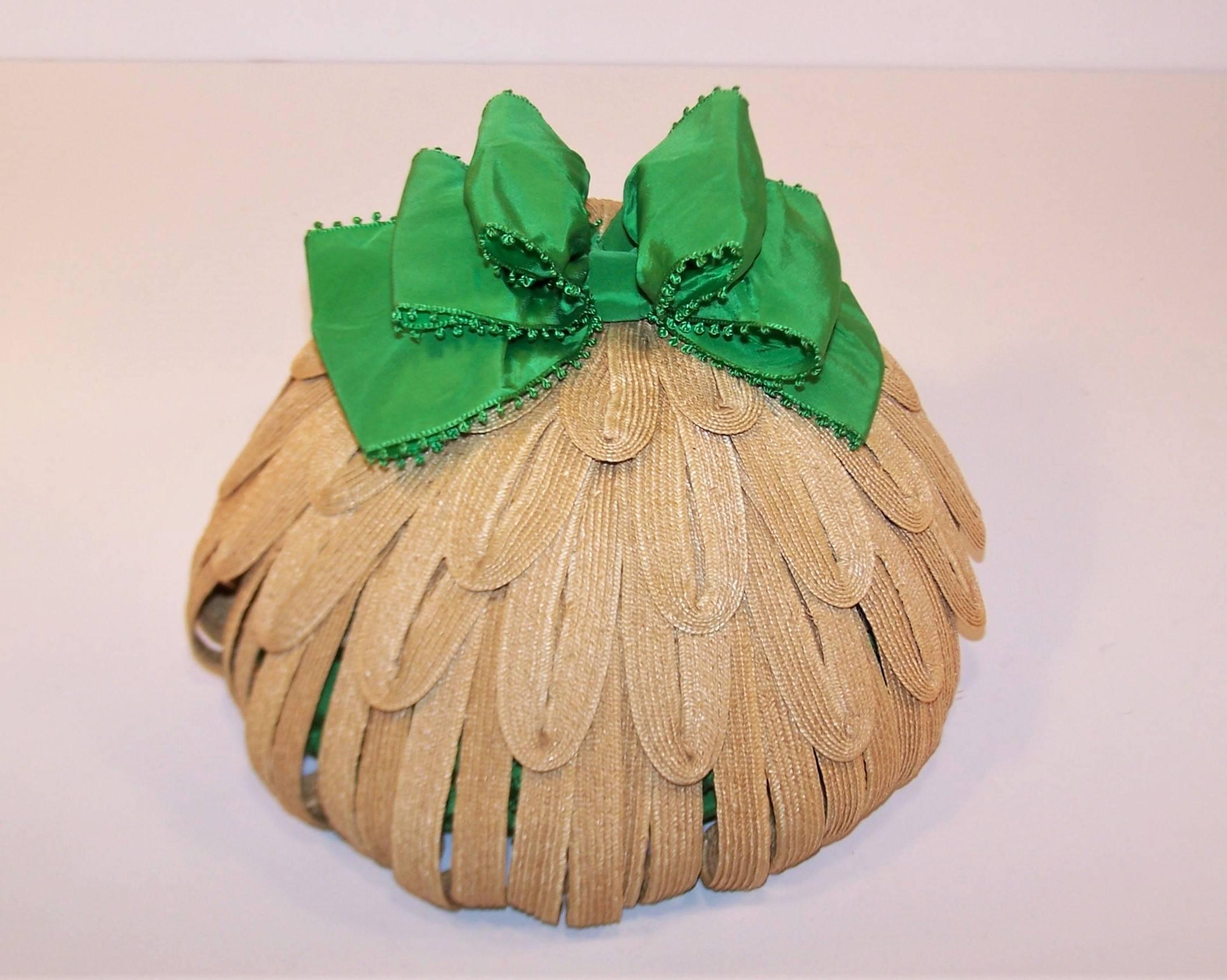 Whimsical 1950's Bonta Creatrice Straw Petal Hat With Kelly Green Bow 2