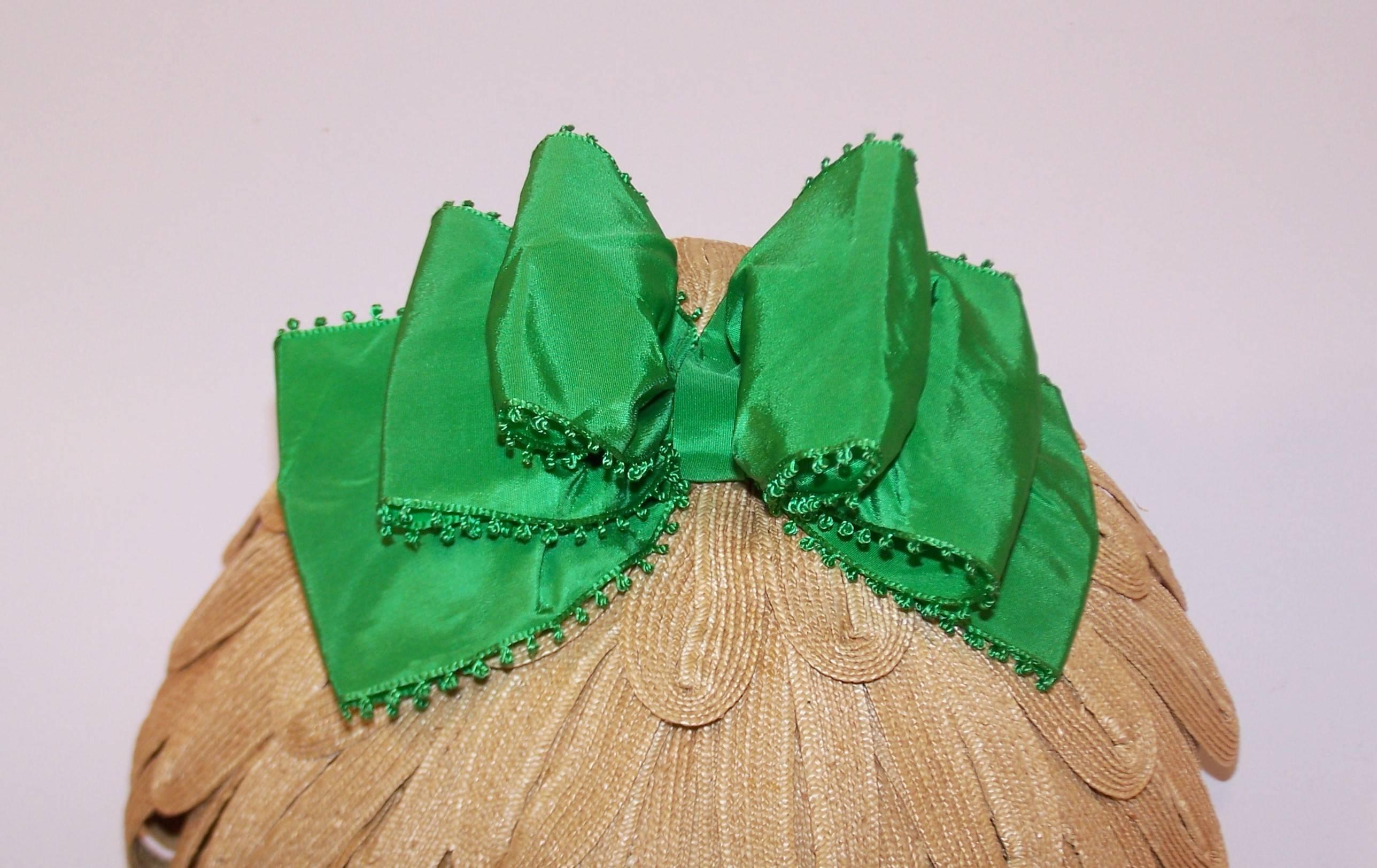 Whimsical 1950's Bonta Creatrice Straw Petal Hat With Kelly Green Bow 3