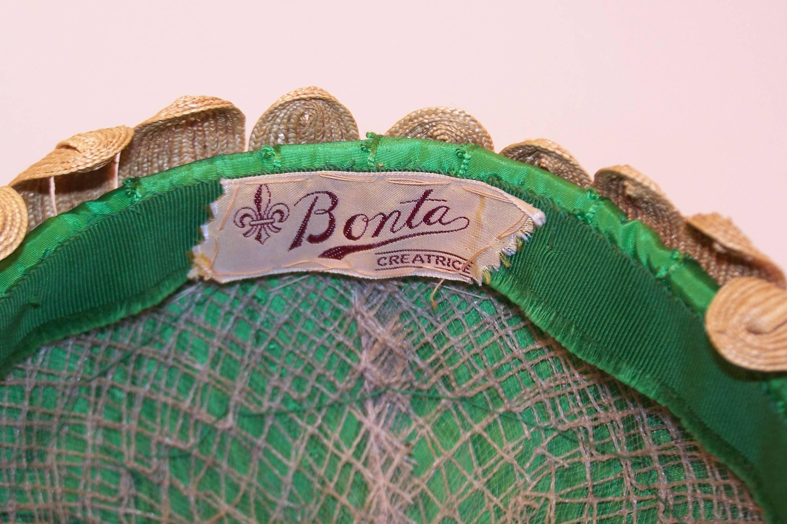 Whimsical 1950's Bonta Creatrice Straw Petal Hat With Kelly Green Bow 5